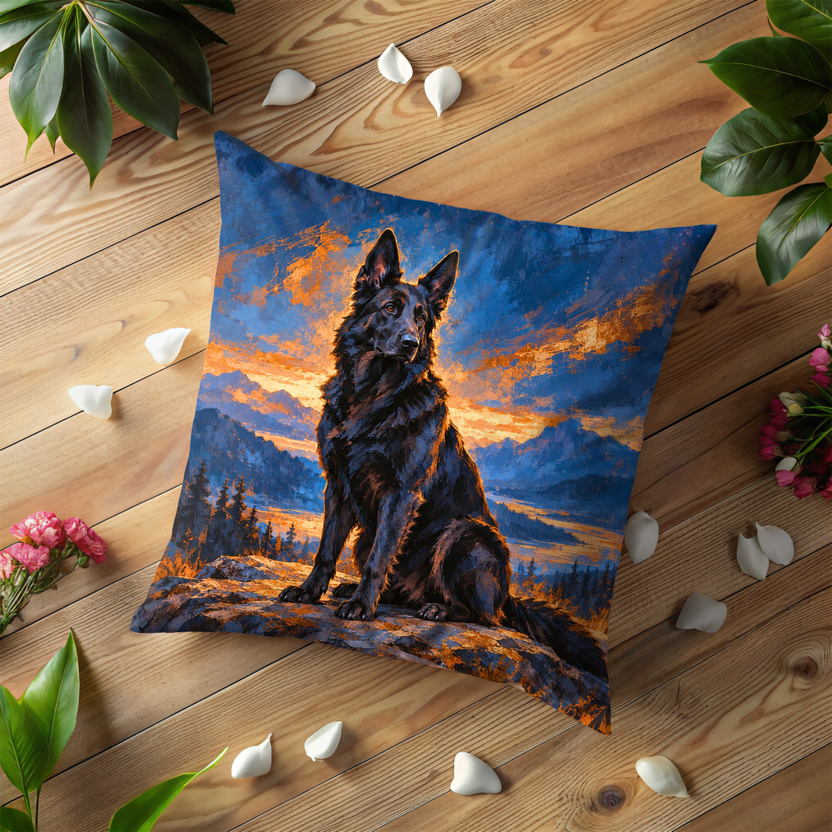 Black Shepherd Dog Pillow Cover | Mountain at Sunset
