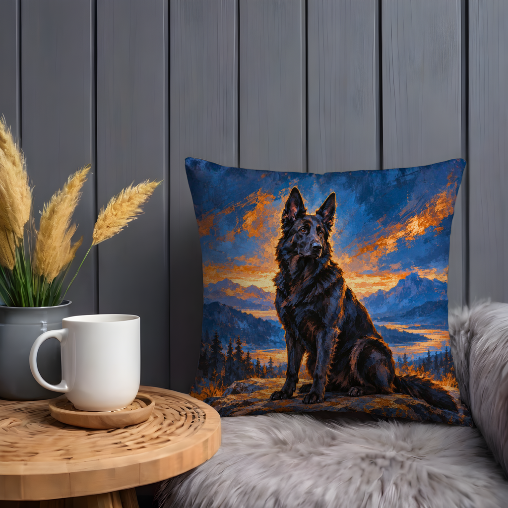 Black Shepherd Dog Pillow Cover | Mountain at Sunset