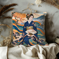 Woman with Folding Fan Pillow Cover | Woman Holding Fan, Cherry Blossoms Over Coastal Waves and Mountains