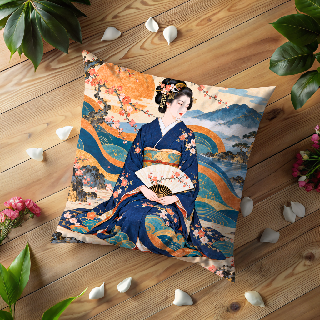 Woman with Folding Fan Pillow Cover | Woman Holding Fan, Cherry Blossoms Over Coastal Waves and Mountains