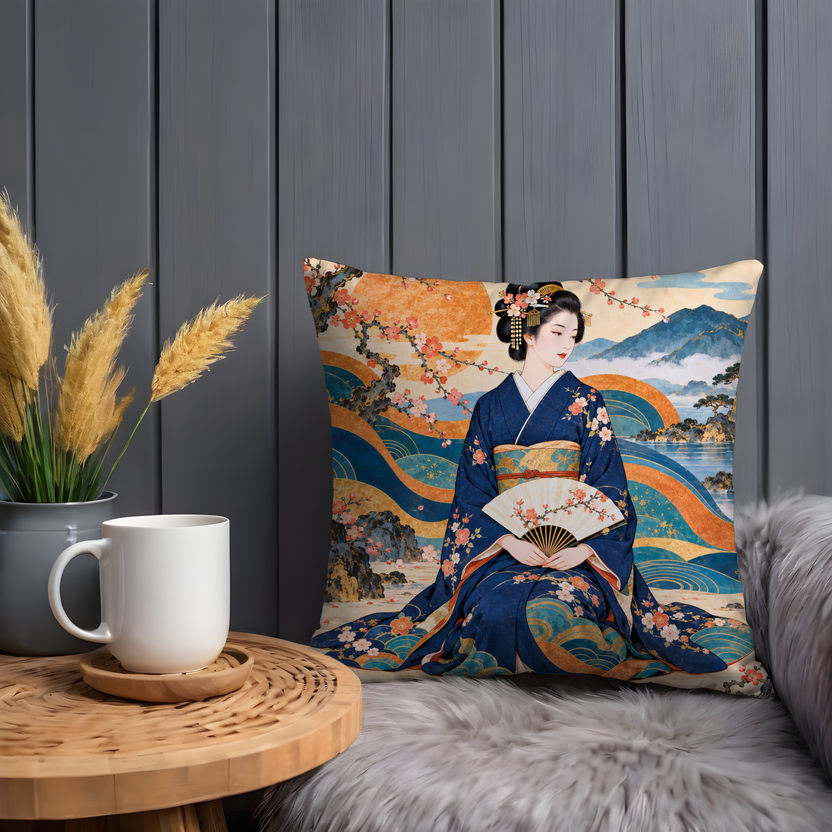 Woman with Folding Fan Pillow Cover | Woman Holding Fan, Cherry Blossoms Over Coastal Waves and Mountains