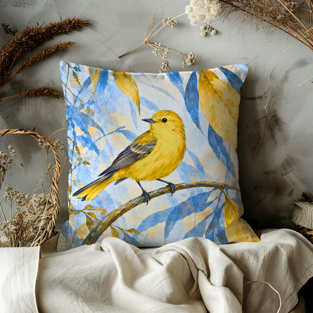 Yellow Bird Pillow Cover | Perched on a Curved Branch Among Yellow Leaves Against Blue Foliage