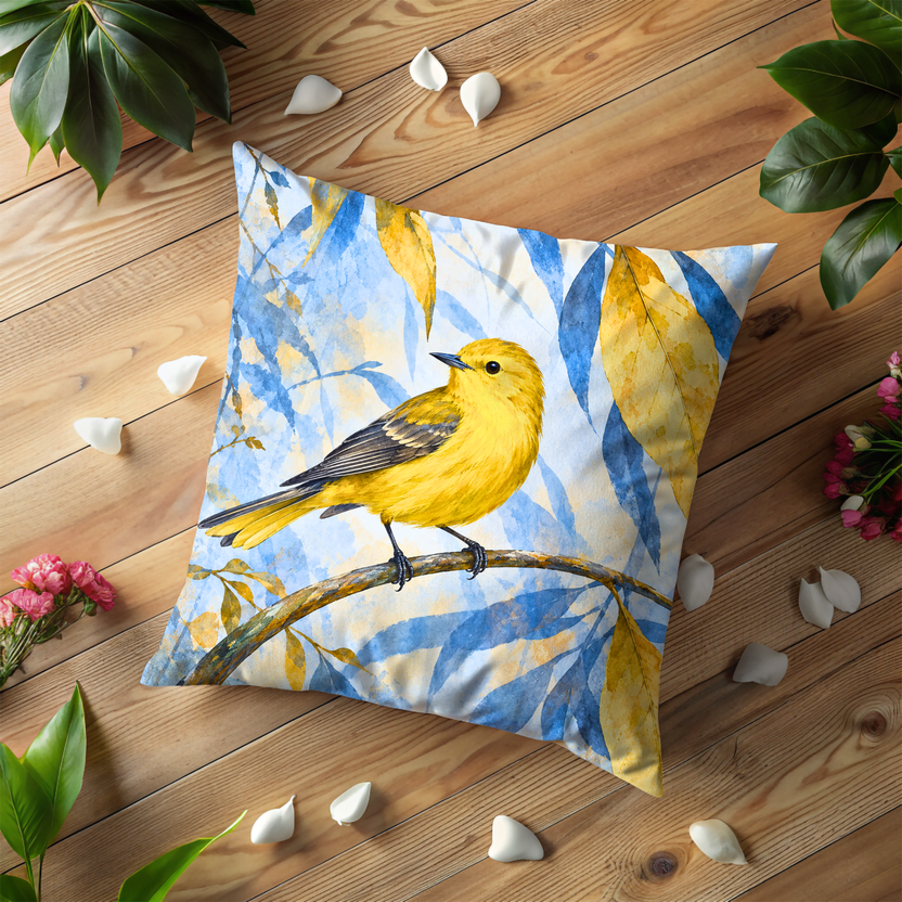 Yellow Bird Pillow Cover | Perched on a Curved Branch Among Yellow Leaves Against Blue Foliage