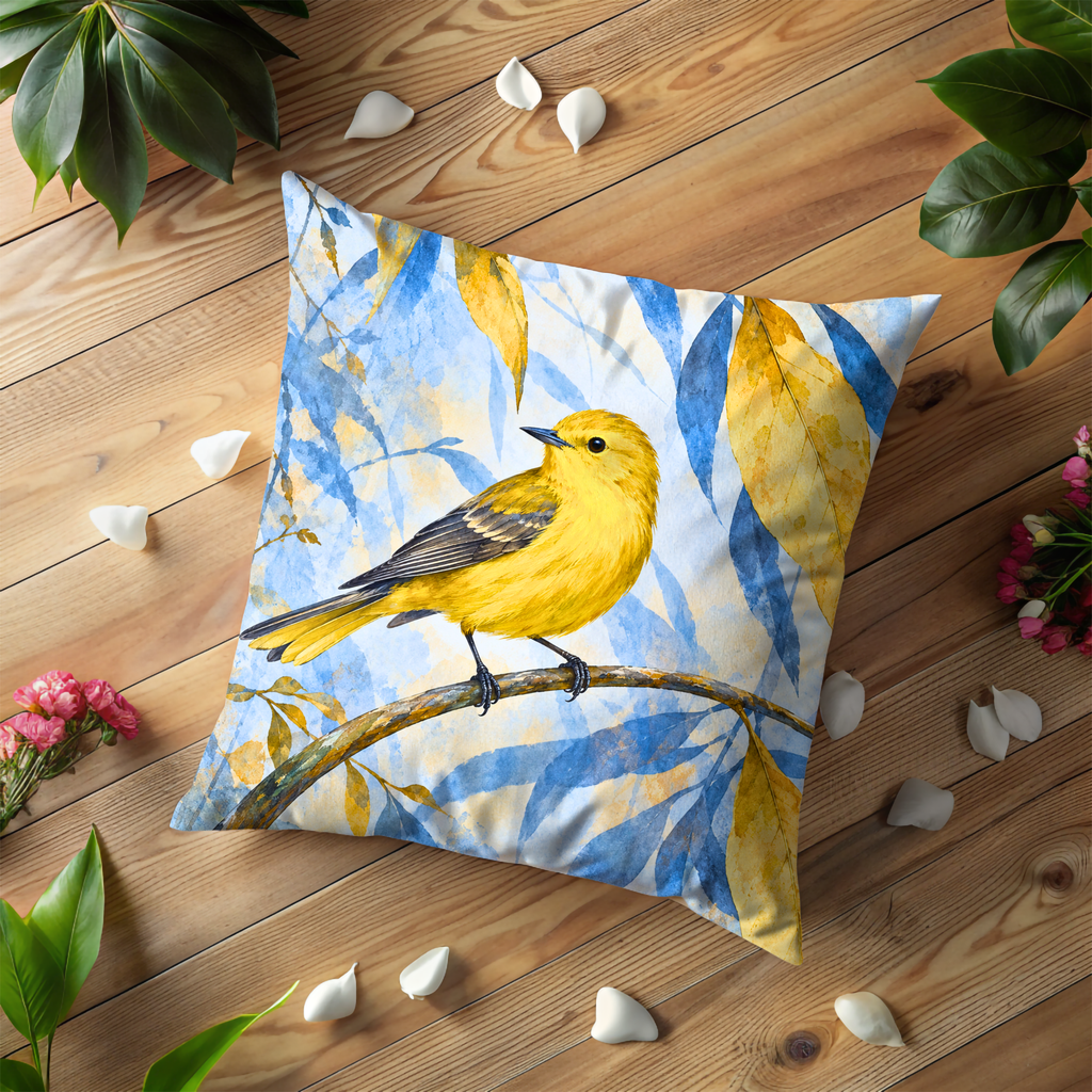Yellow Bird Pillow Cover | Perched on a Curved Branch Among Yellow Leaves Against Blue Foliage