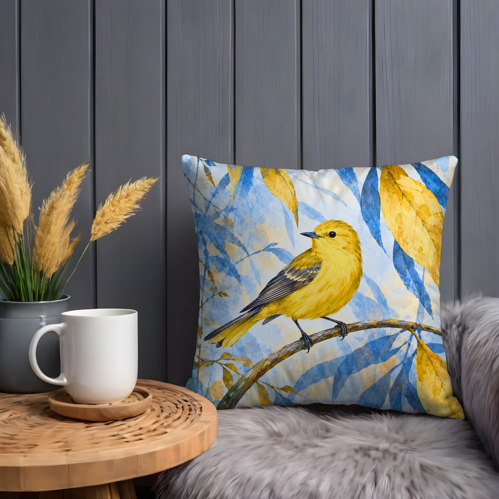 Yellow Bird Pillow Cover | Perched on a Curved Branch Among Yellow Leaves Against Blue Foliage