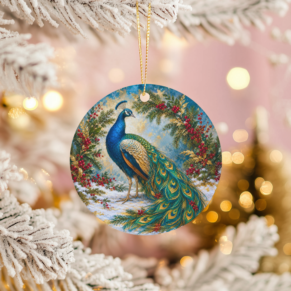 Blue Peacock Ceramic Christmas Ornament, Snowy Evergreens and Red Berries