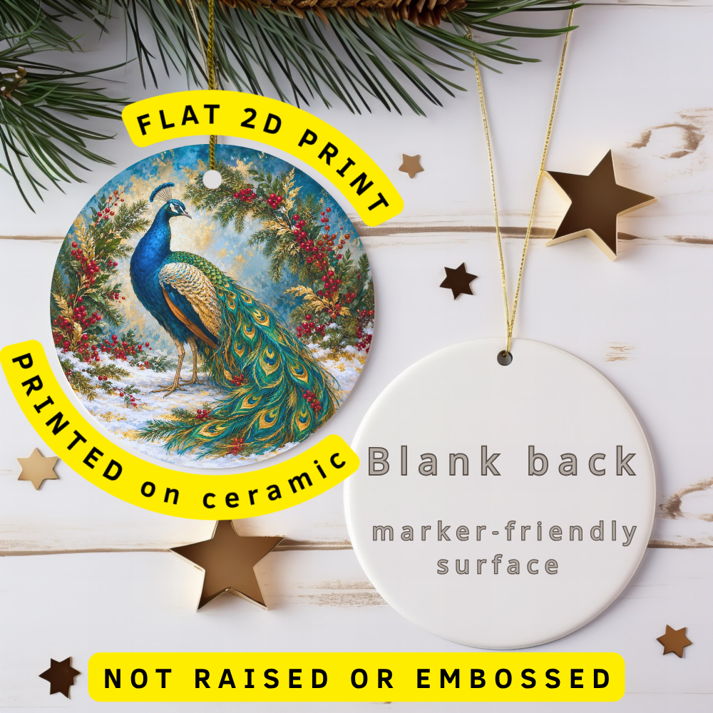 Blue Peacock Ceramic Christmas Ornament, Snowy Evergreens and Red Berries