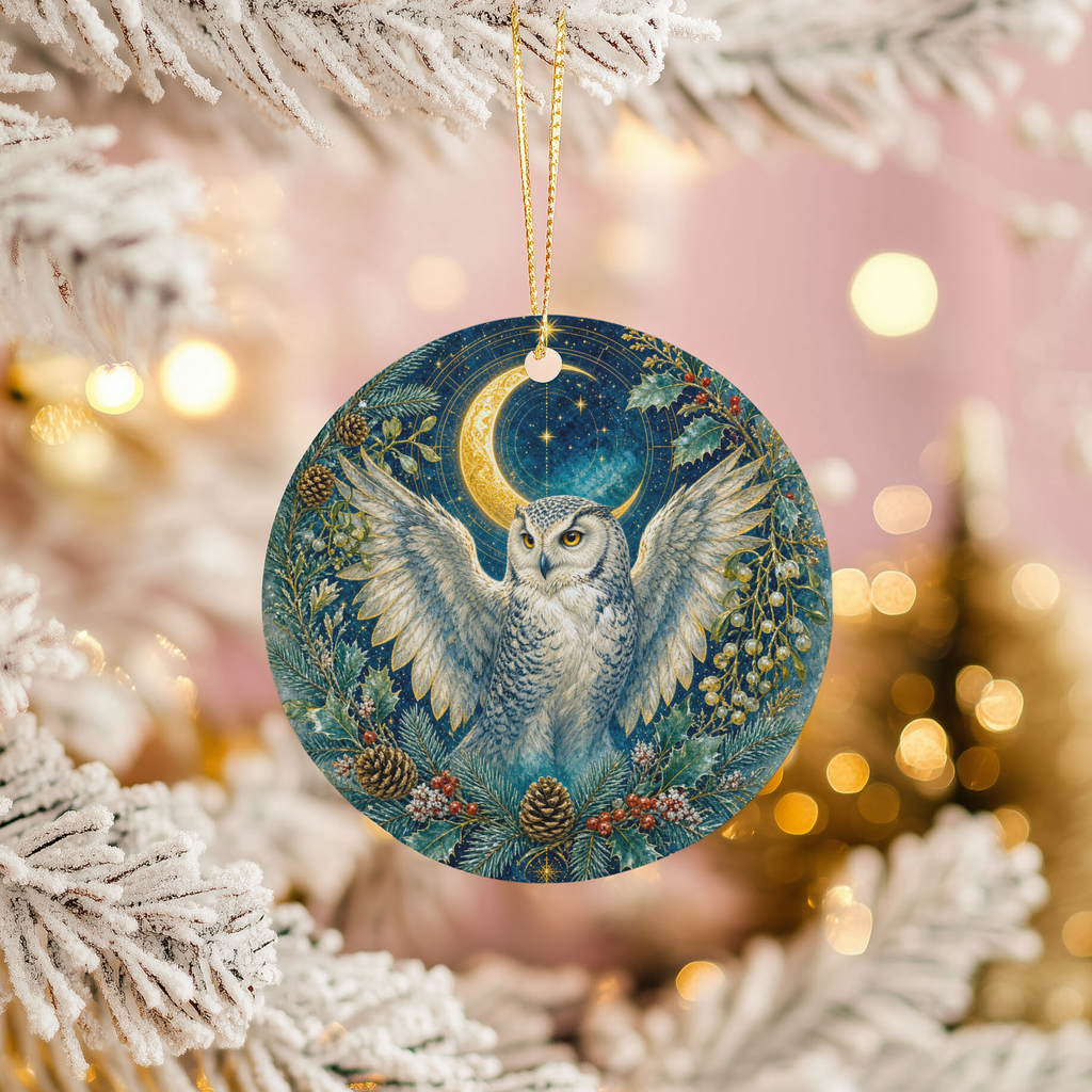 Snowy Owl Ceramic Christmas Ornament, Crescent Moon and Evergreen Wreath