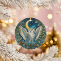 Snowy Owl Ceramic Christmas Ornament, Crescent Moon and Evergreen Wreath