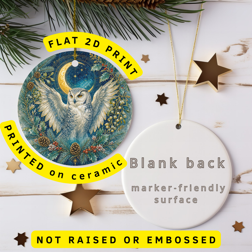 Snowy Owl Ceramic Christmas Ornament, Crescent Moon and Evergreen Wreath