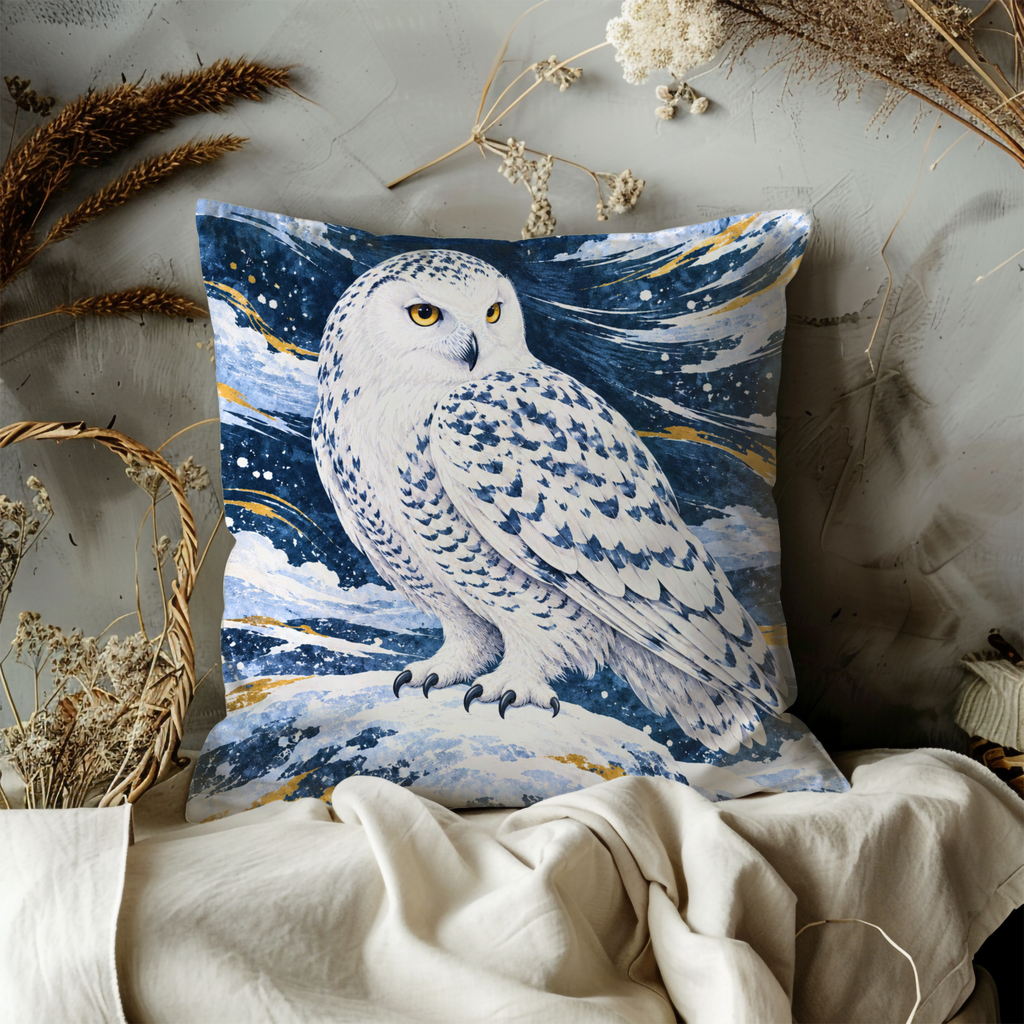 Snowy Owl Pillow Cover | Swirling Snowy Night Sky