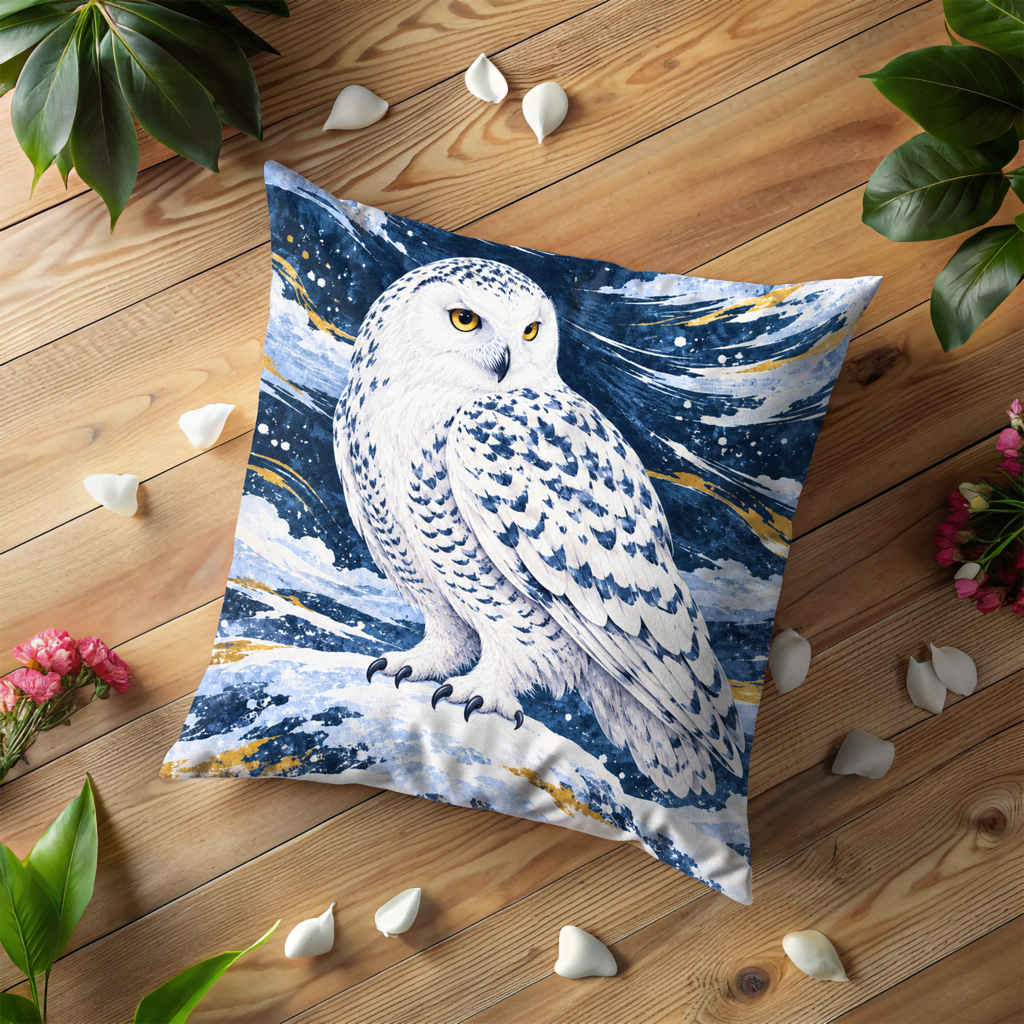 Snowy Owl Pillow Cover | Swirling Snowy Night Sky