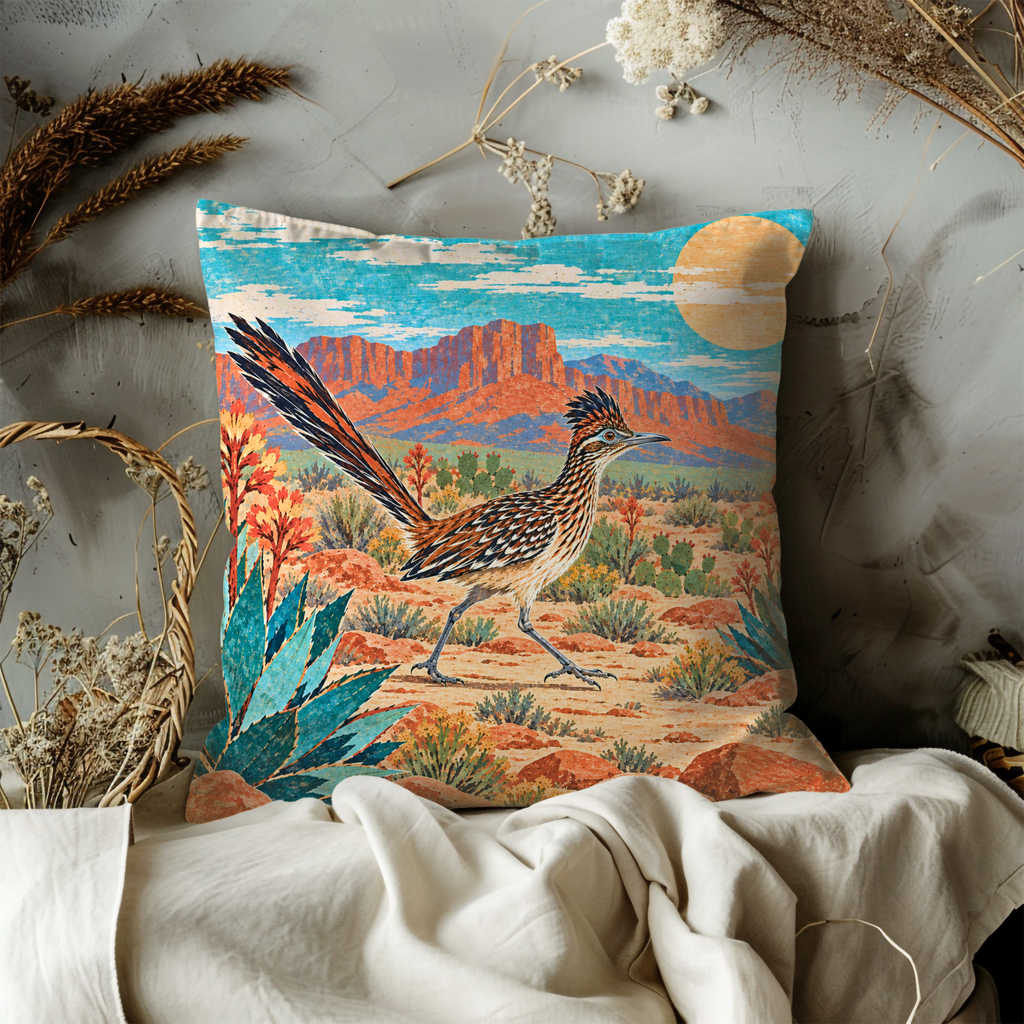Roadrunner Pillow Cover | Desert Landscape with Red Rock Mesas Under a Blue Sky
