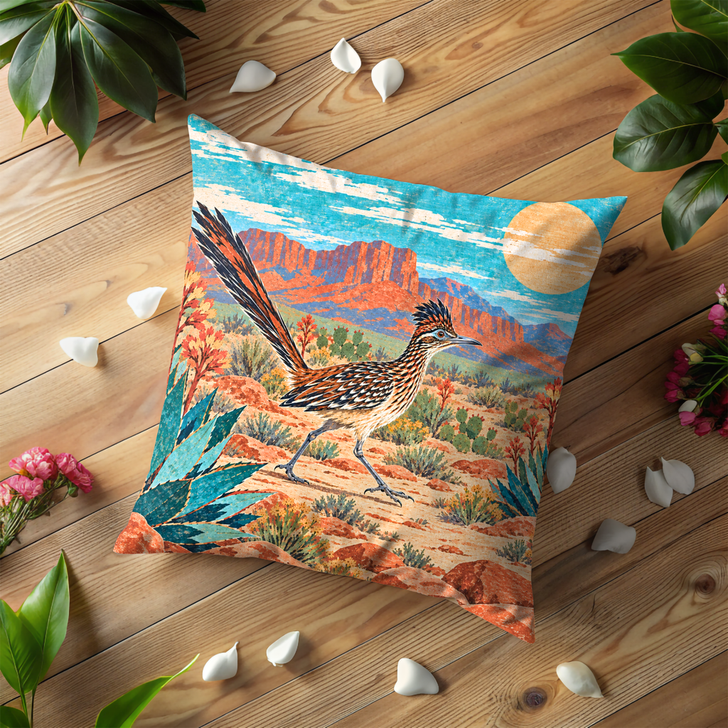 Roadrunner Pillow Cover | Desert Landscape with Red Rock Mesas Under a Blue Sky