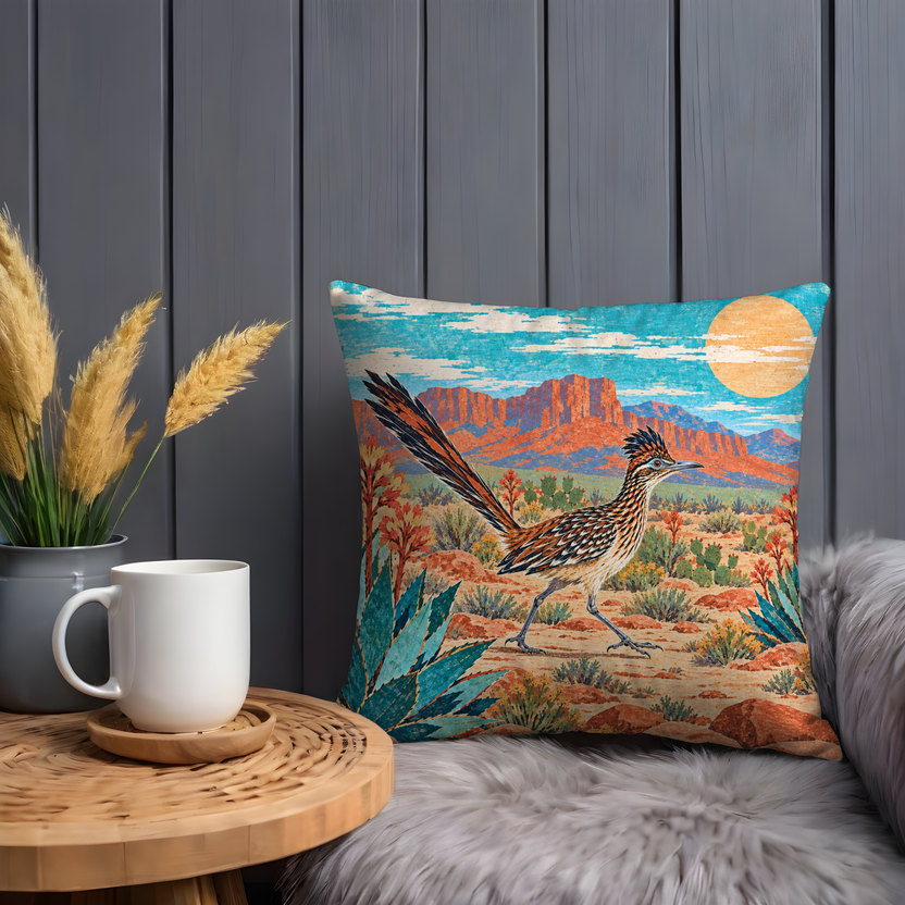 Roadrunner Pillow Cover | Desert Landscape with Red Rock Mesas Under a Blue Sky