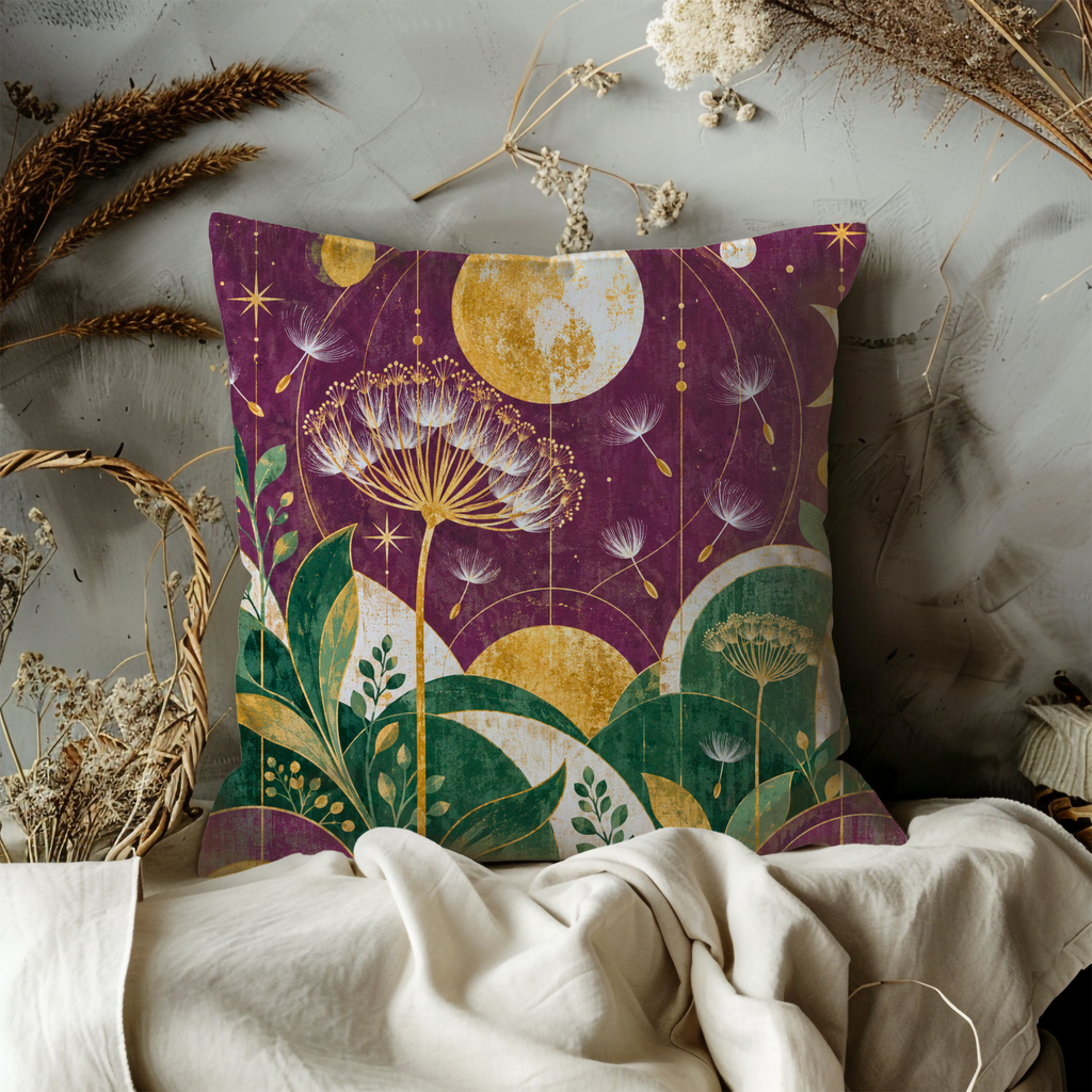 Dandelion Seeds Pillow Cover | Celestial Botanical Night Scene with Arched Shapes