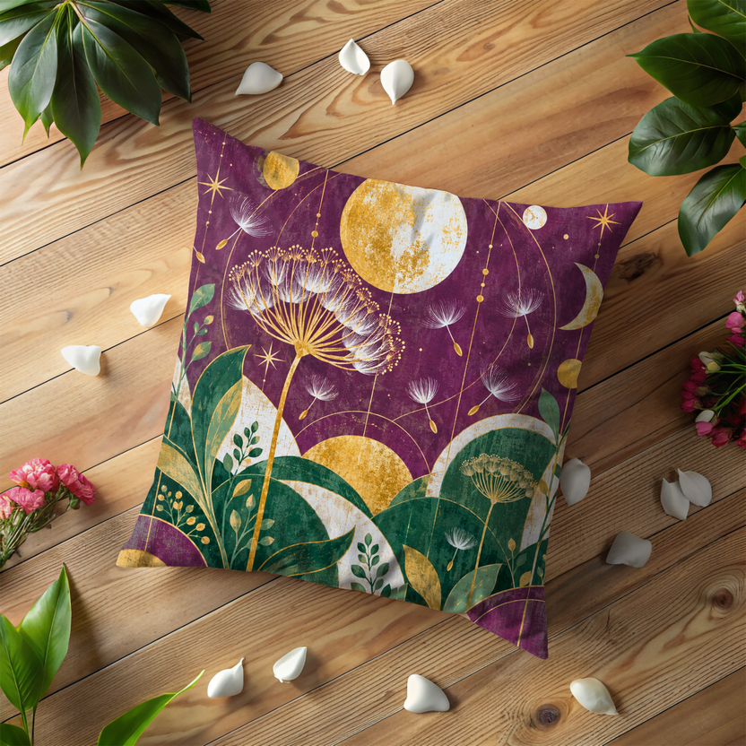 Dandelion Seeds Pillow Cover | Celestial Botanical Night Scene with Arched Shapes