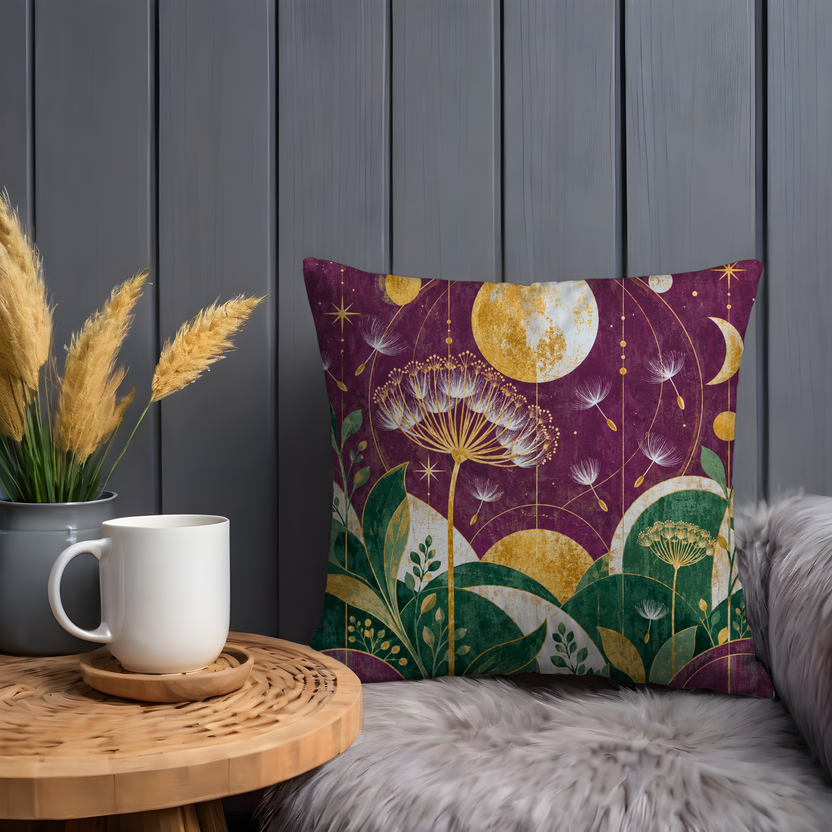 Dandelion Seeds Pillow Cover | Celestial Botanical Night Scene with Arched Shapes