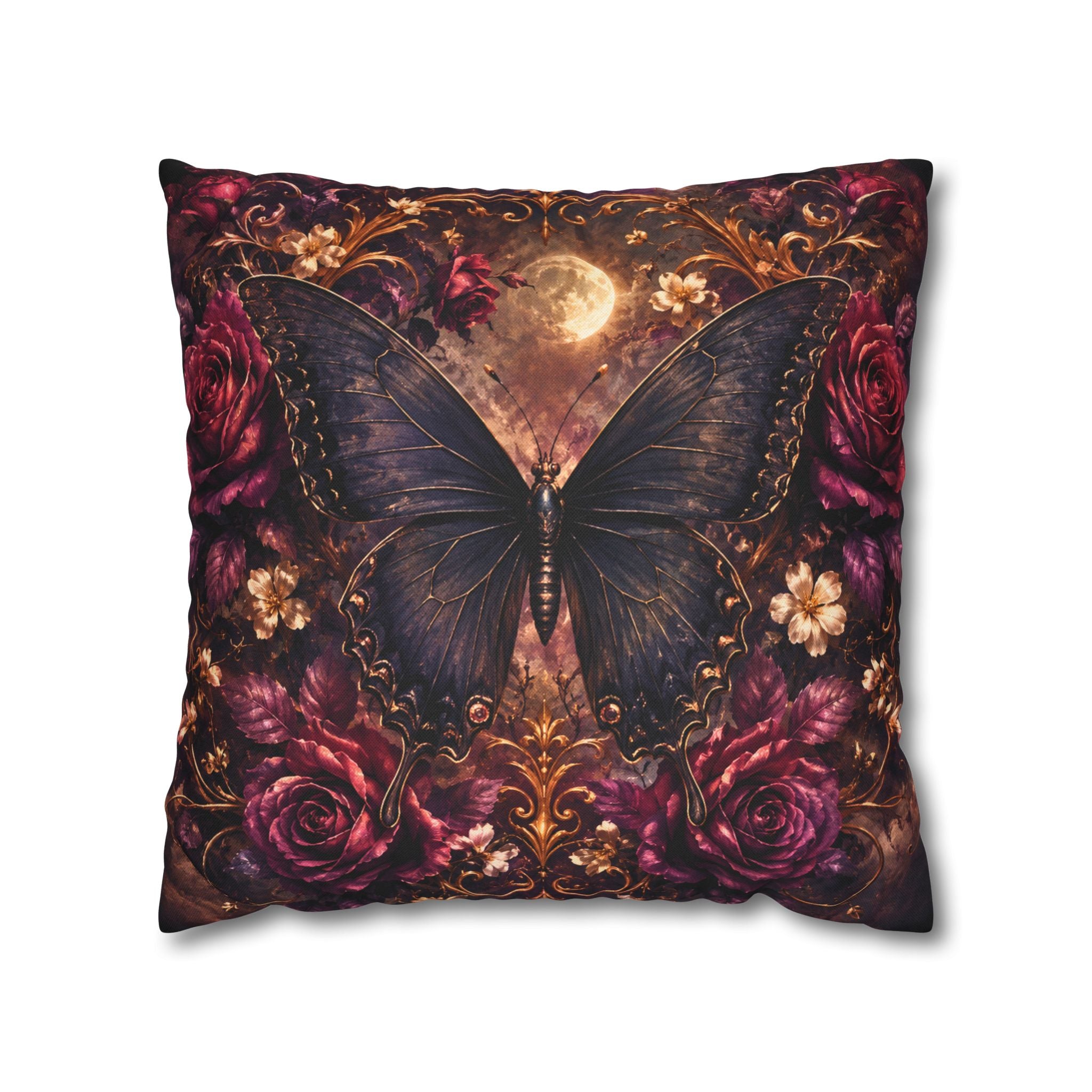 Dark Butterfly Pillow Cover | Gothic Roses Moon Art | Luxe Fantasy Decor