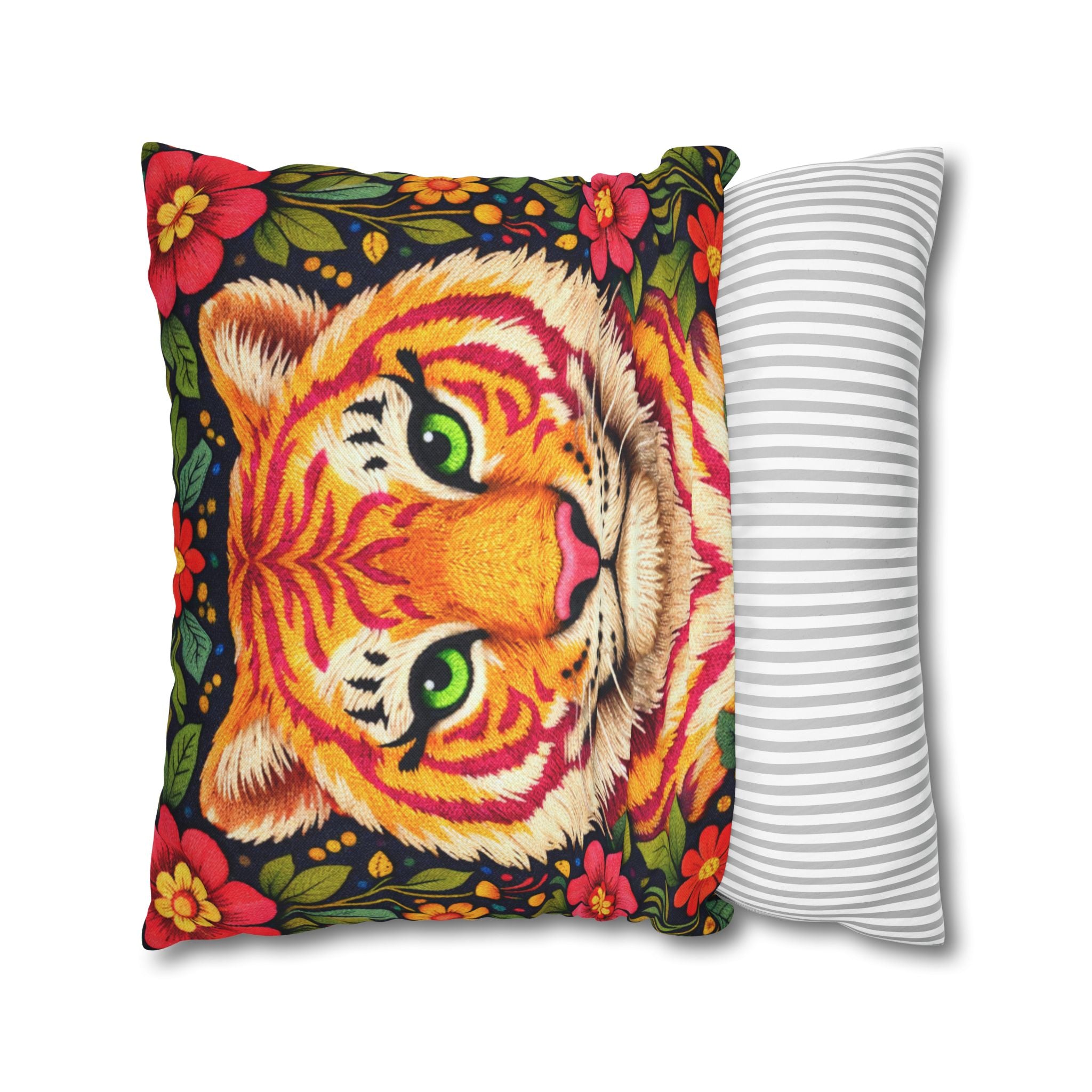 Folk Art Tiger Pillow Cover – Layered Color Artwork