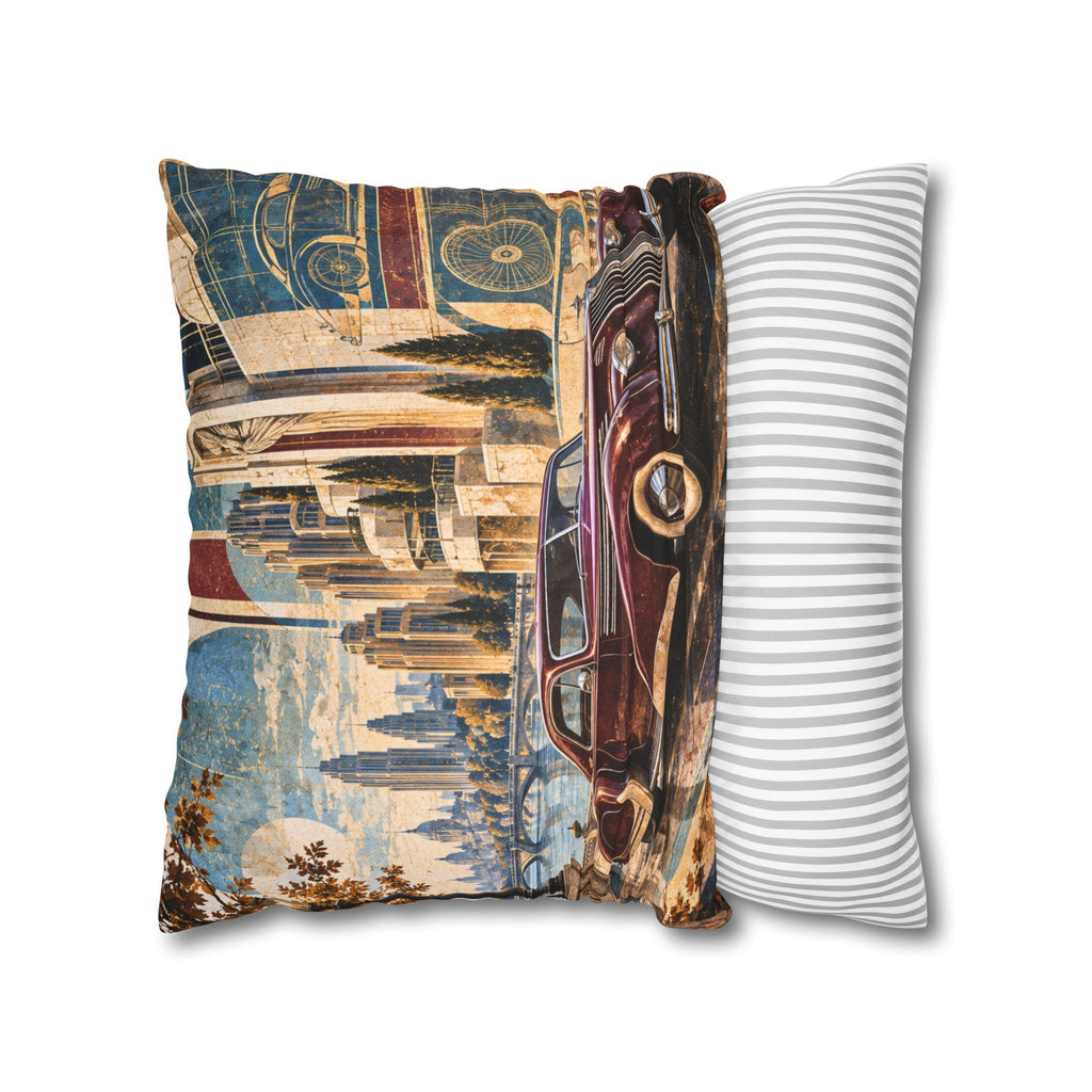 Classic Car Pillow Cover | Waterfront Cityscape | Art Deco Decor