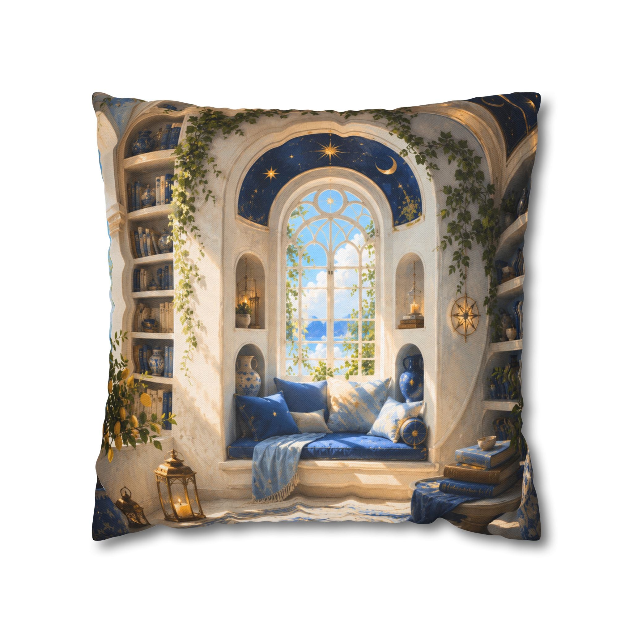 Magical Reading Nook Pillow Cover | Mediterranean Sea View Art | Cozy Fantasy Decor