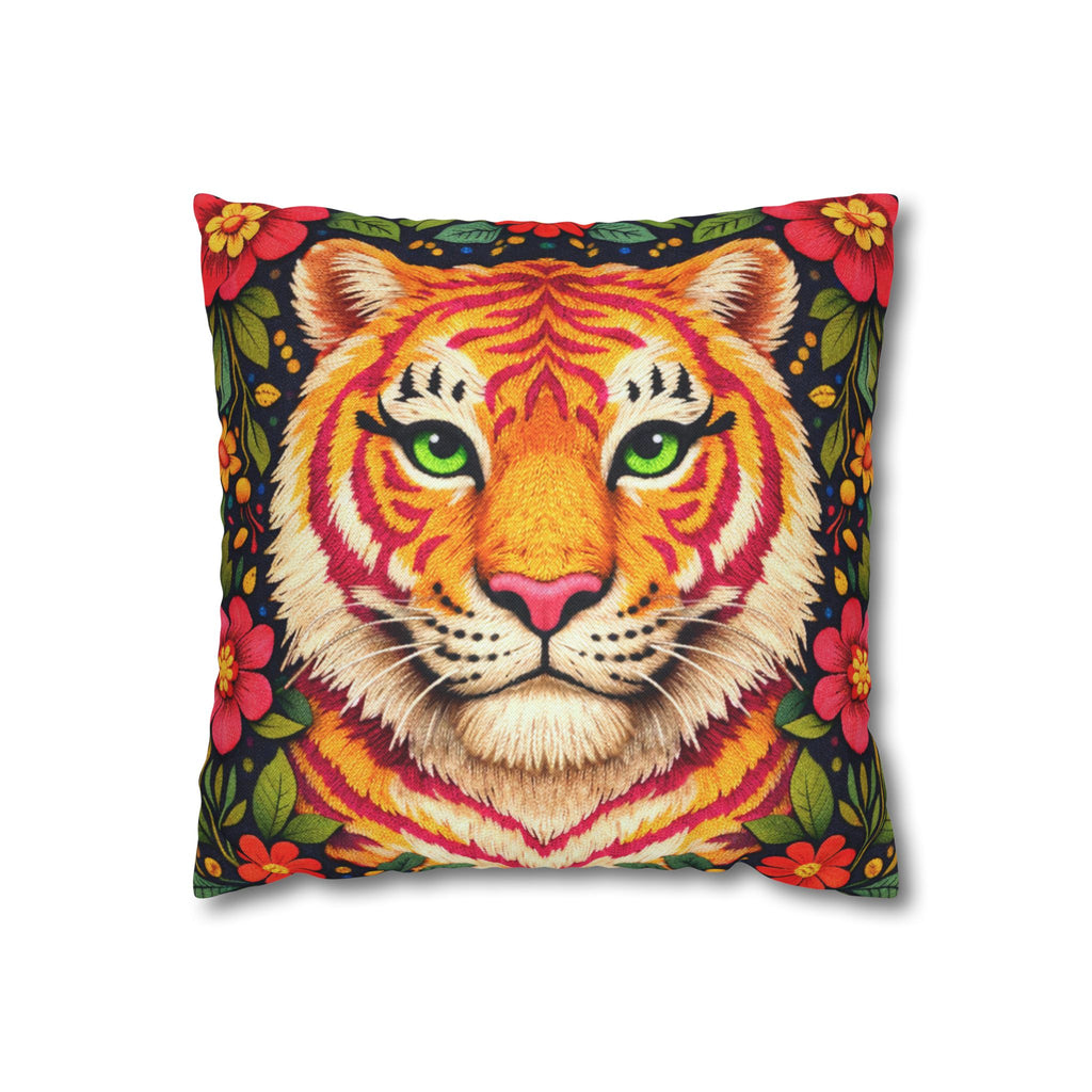 Folk Art Tiger Pillow Cover – Layered Color Artwork