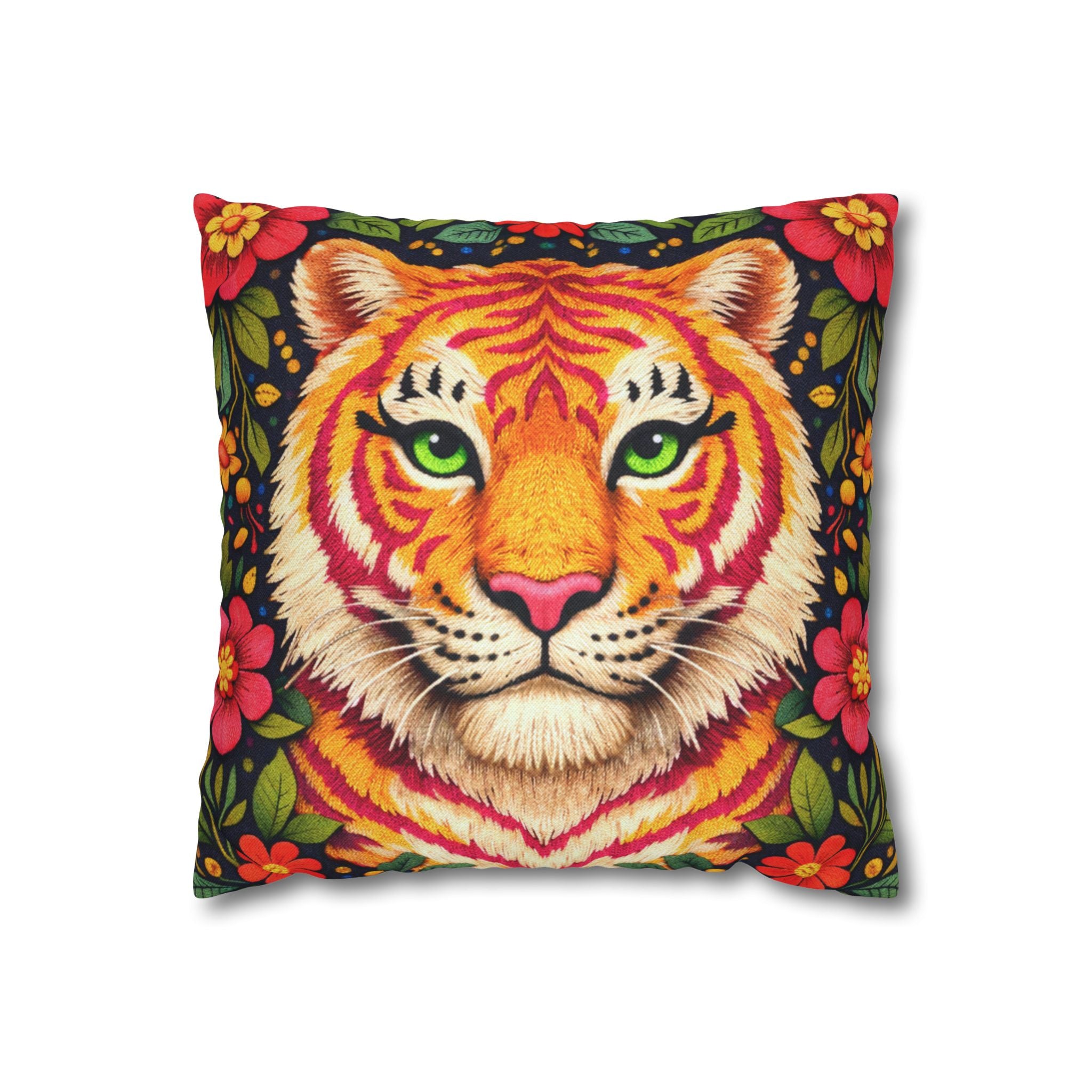 Folk Art Tiger Pillow Cover – Layered Color Artwork