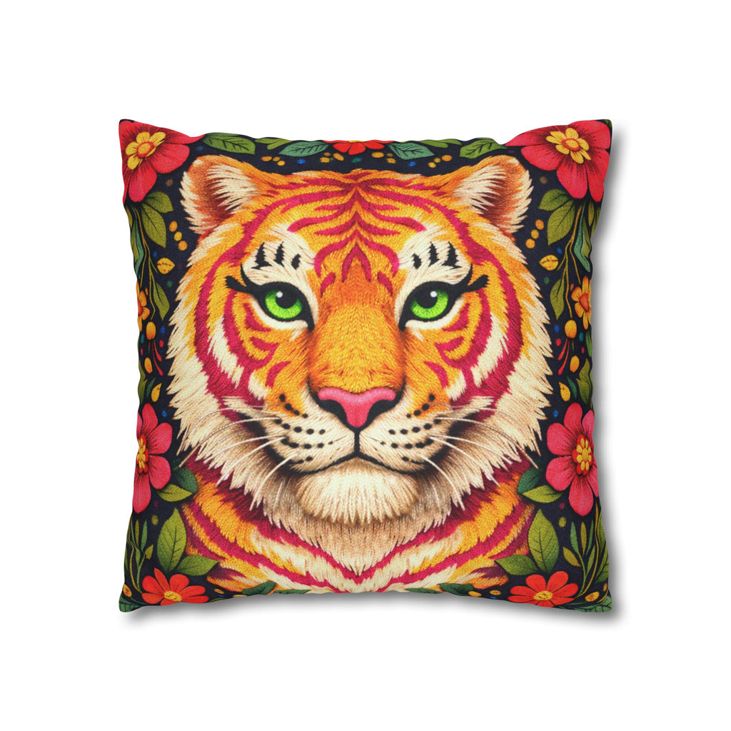 Folk Art Tiger Pillow Cover – Layered Color Artwork