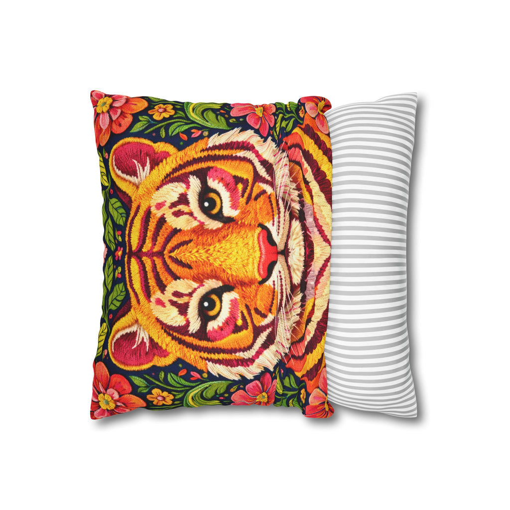 Embroidered Tiger Portrait Pillow Cover – Folk Orange Red Portrait