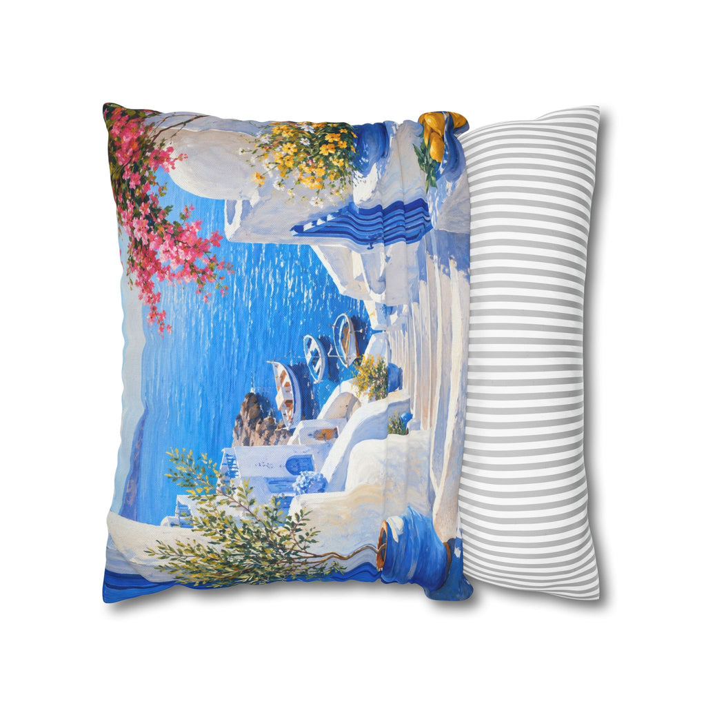 Greek Island Street Pillow Cover | Blue White Sea View Art | Mediterranean Decor