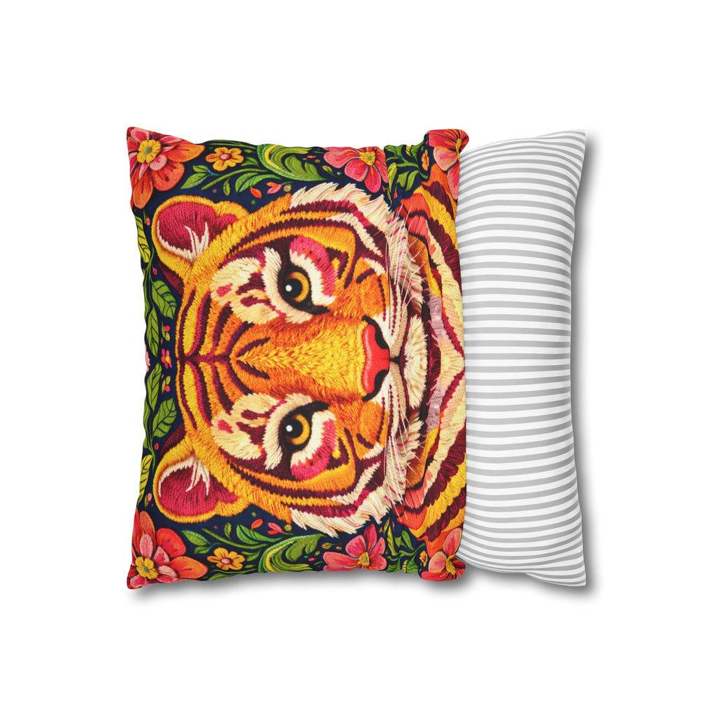 Embroidered Tiger Portrait Pillow Cover – Folk Orange Red Portrait