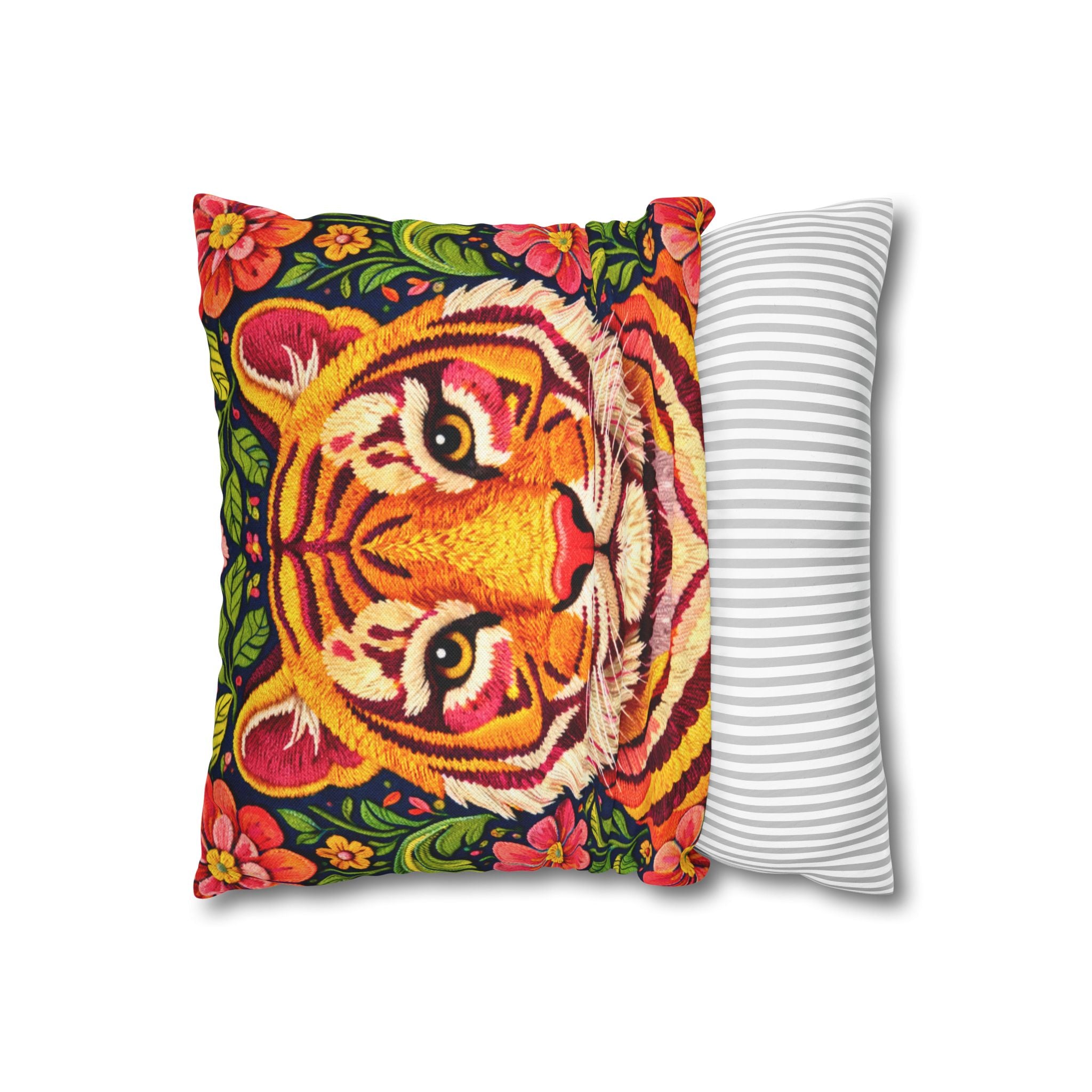 Embroidered Tiger Portrait Pillow Cover – Folk Orange Red Portrait