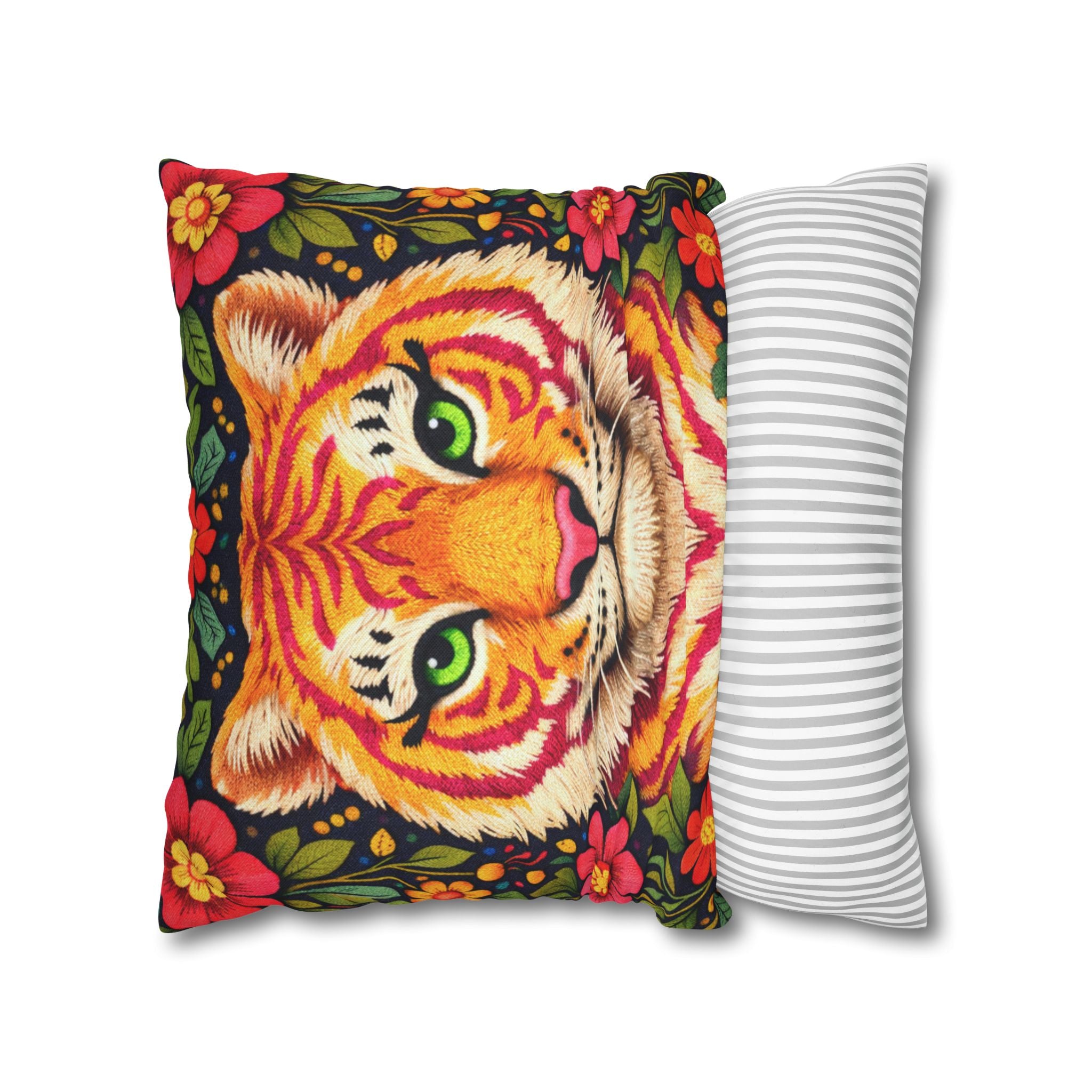 Folk Art Tiger Pillow Cover – Layered Color Artwork
