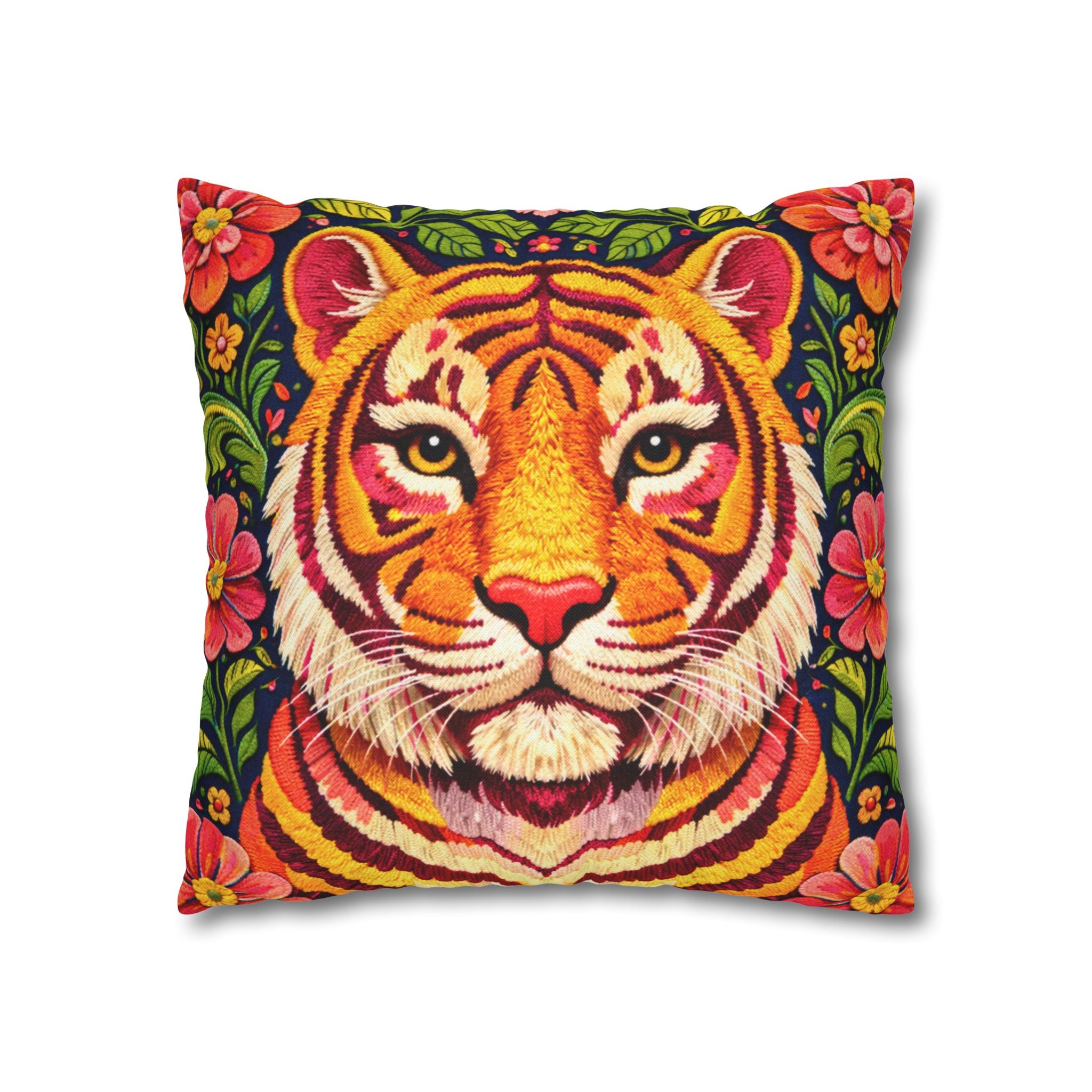 Embroidered Tiger Portrait Pillow Cover – Folk Orange Red Portrait