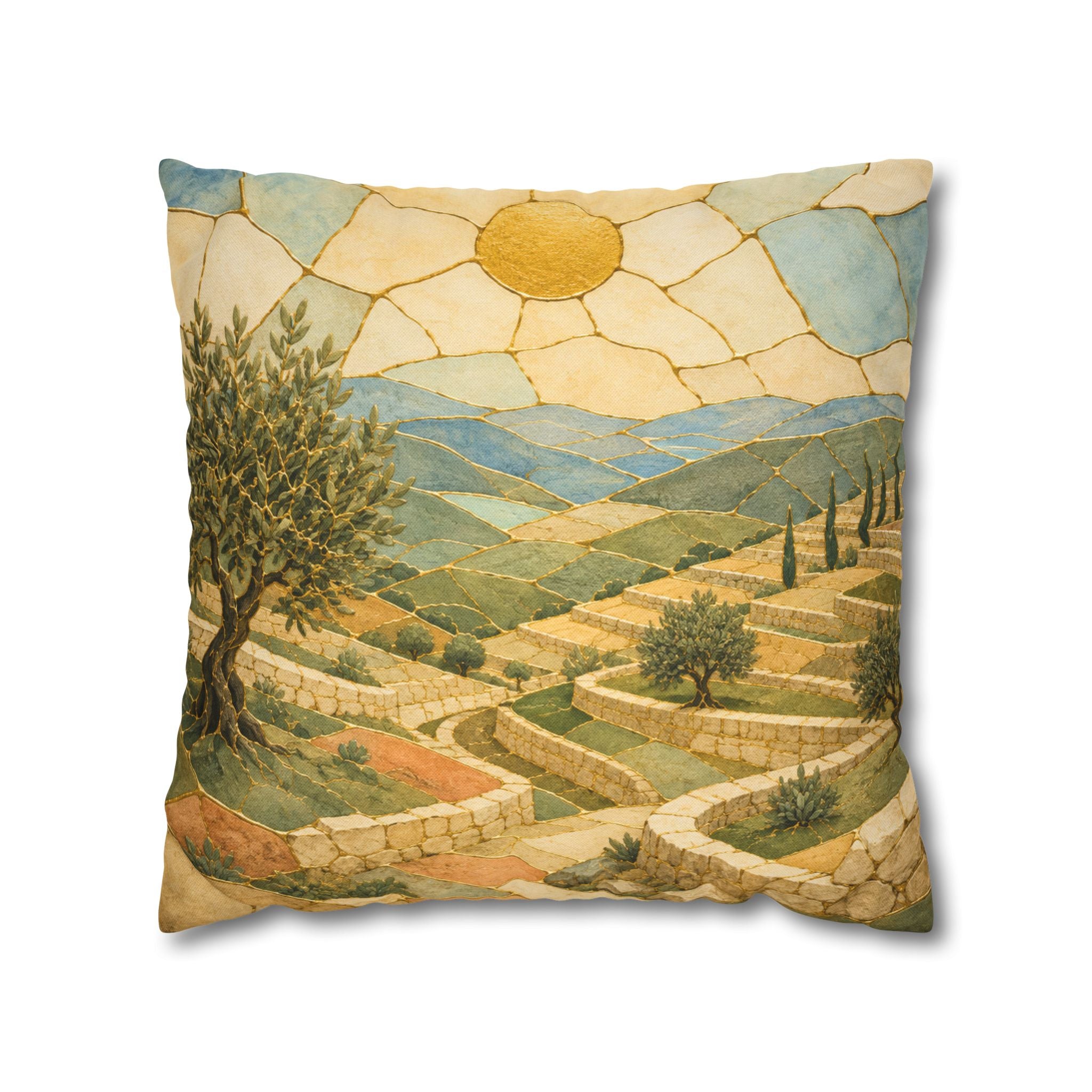 Terraced Hills Olive Tree Pillow Cover | Kintsugi Landscape Art | Spiritual Decor