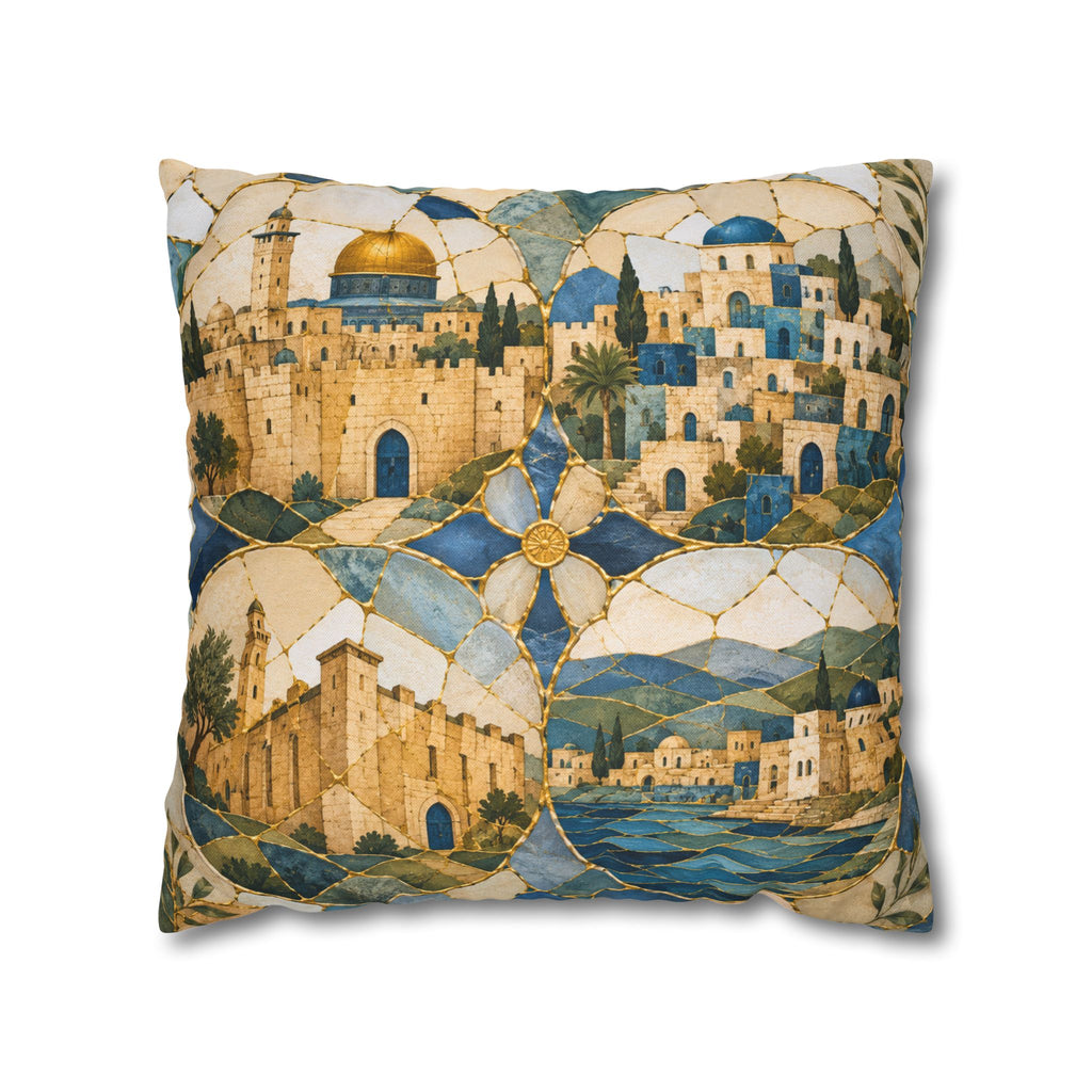 Four Holy Cities Pillow Cover | Jerusalem Hebron Tiberias Safed Art | Spiritual Decor
