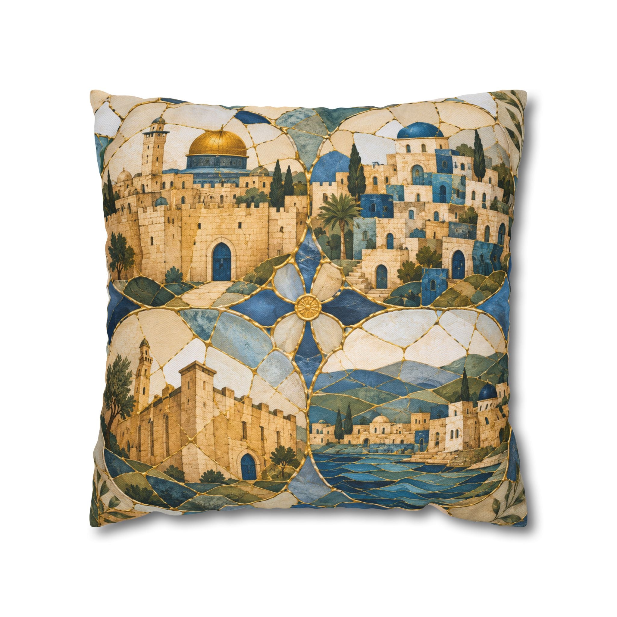 Four Holy Cities Pillow Cover | Jerusalem Hebron Tiberias Safed Art | Spiritual Decor