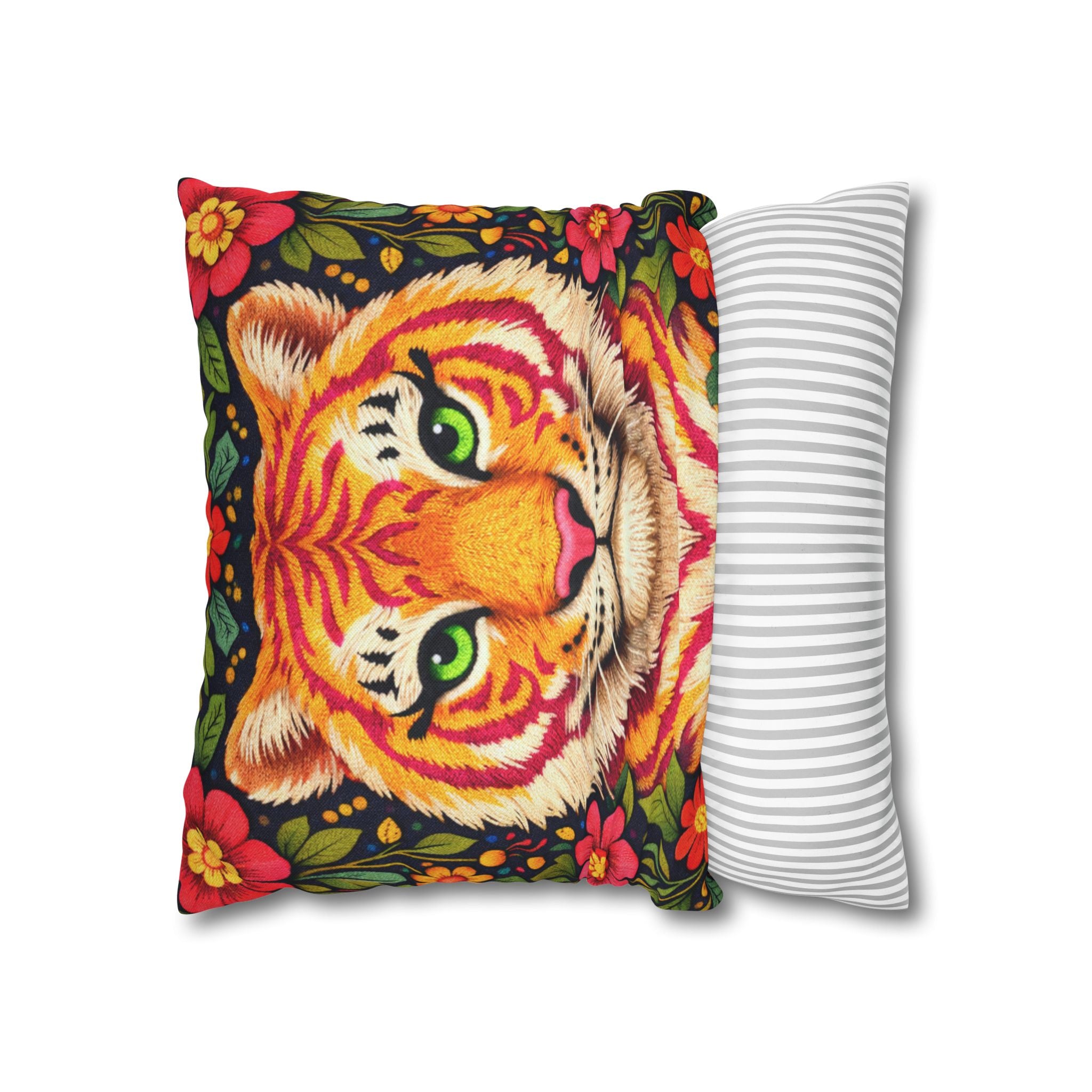 Folk Art Tiger Pillow Cover – Layered Color Artwork