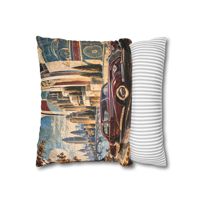 Classic Car Pillow Cover | Waterfront Cityscape | Art Deco Decor