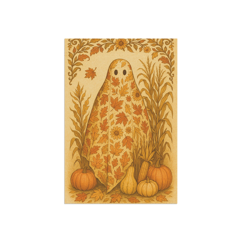 Flat-lay autumn ghost Halloween garden flag with pumpkins and harvest leaves