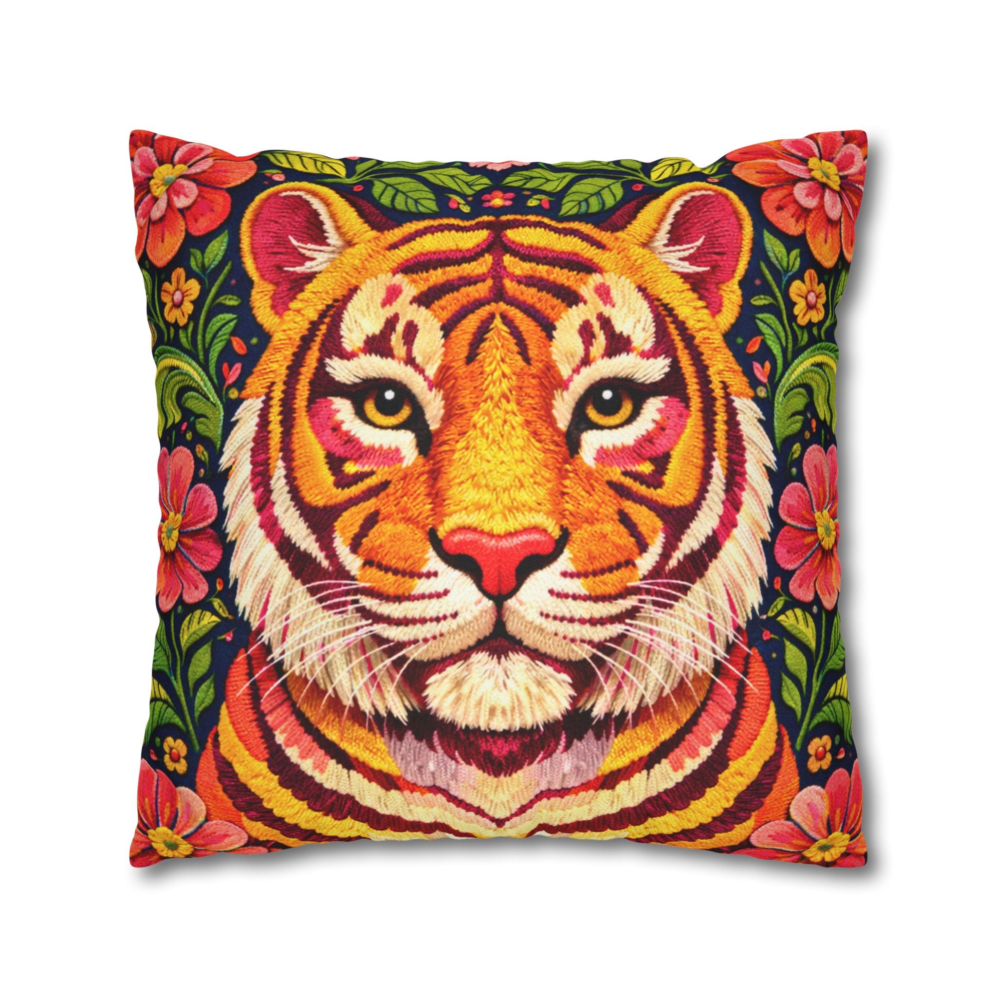 Embroidered Tiger Portrait Pillow Cover – Folk Orange Red Portrait