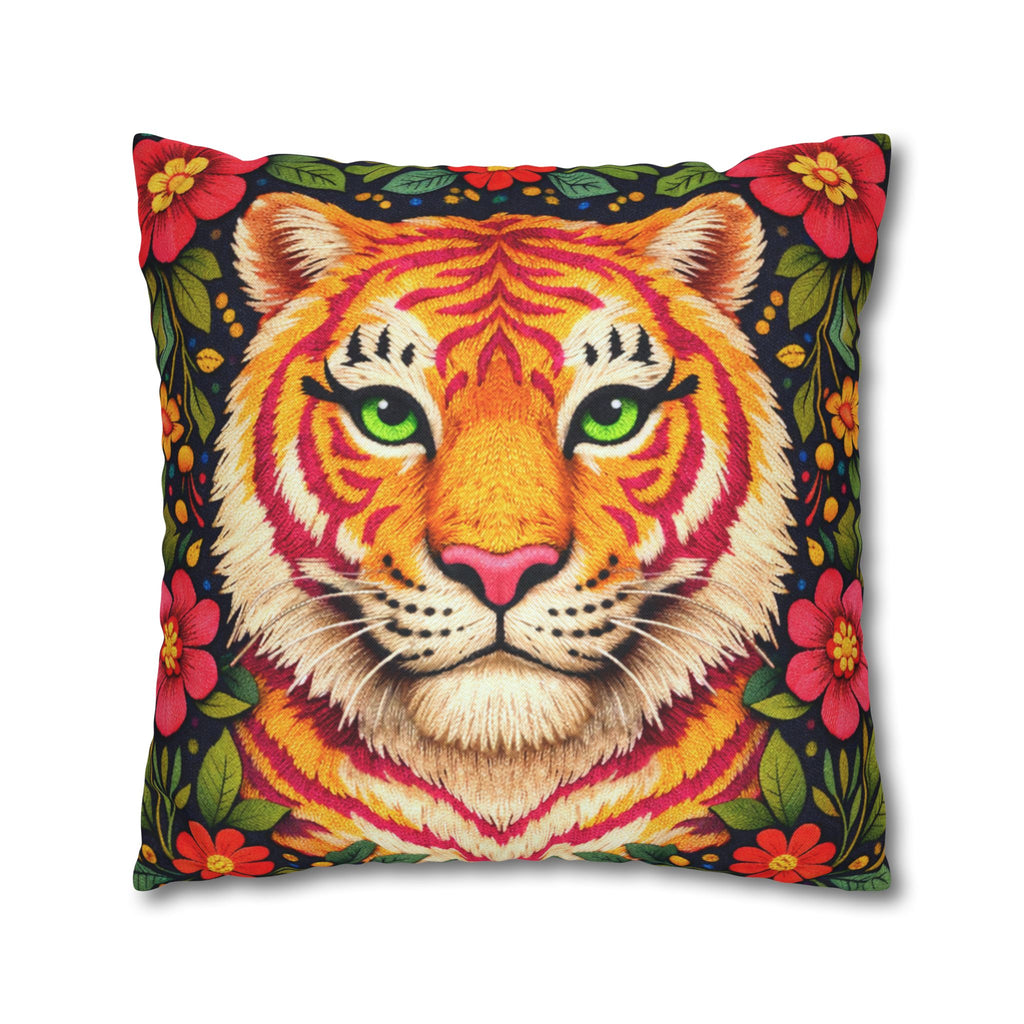 Folk Art Tiger Pillow Cover – Layered Color Artwork