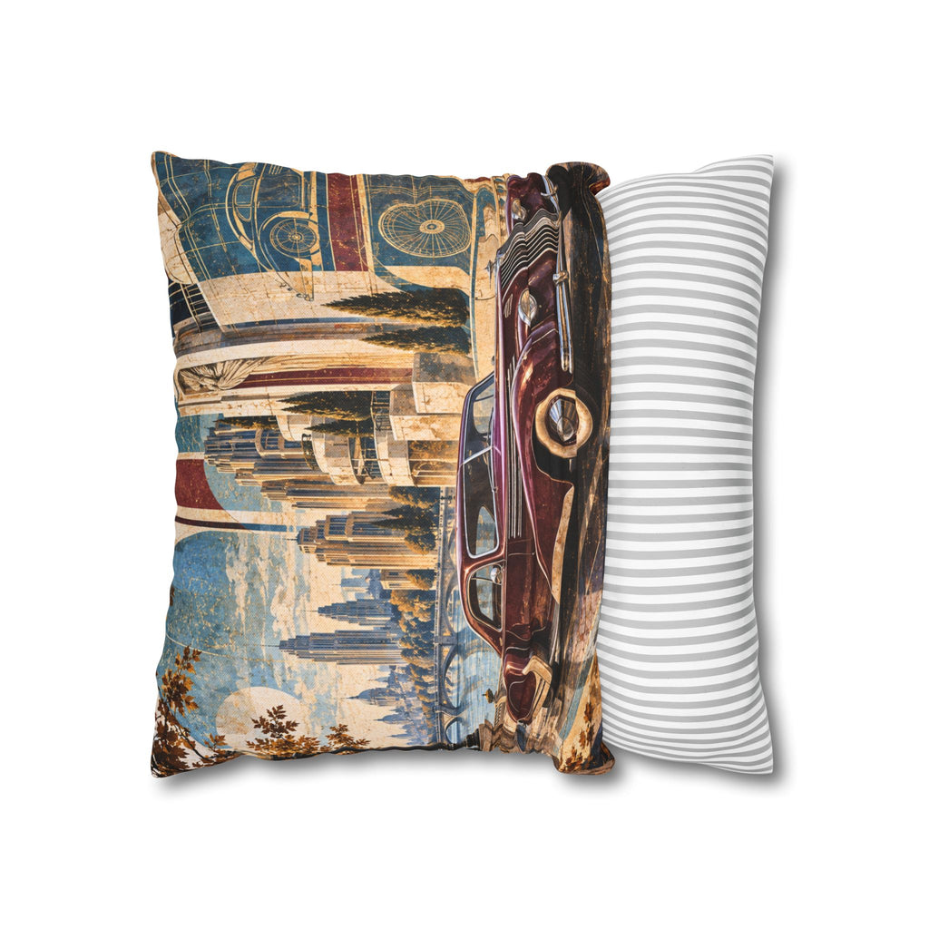 Classic Car Pillow Cover | Waterfront Cityscape | Art Deco Decor
