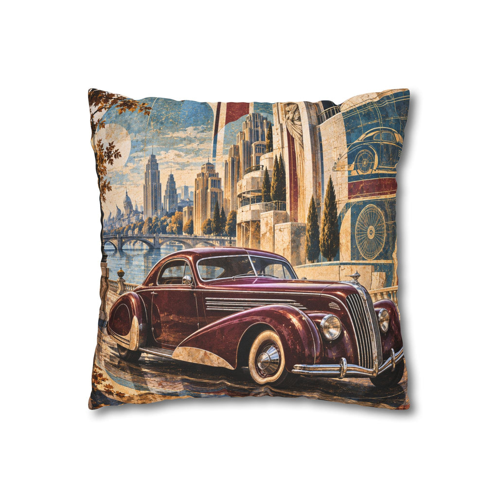 Classic Car Pillow Cover | Waterfront Cityscape | Art Deco Decor