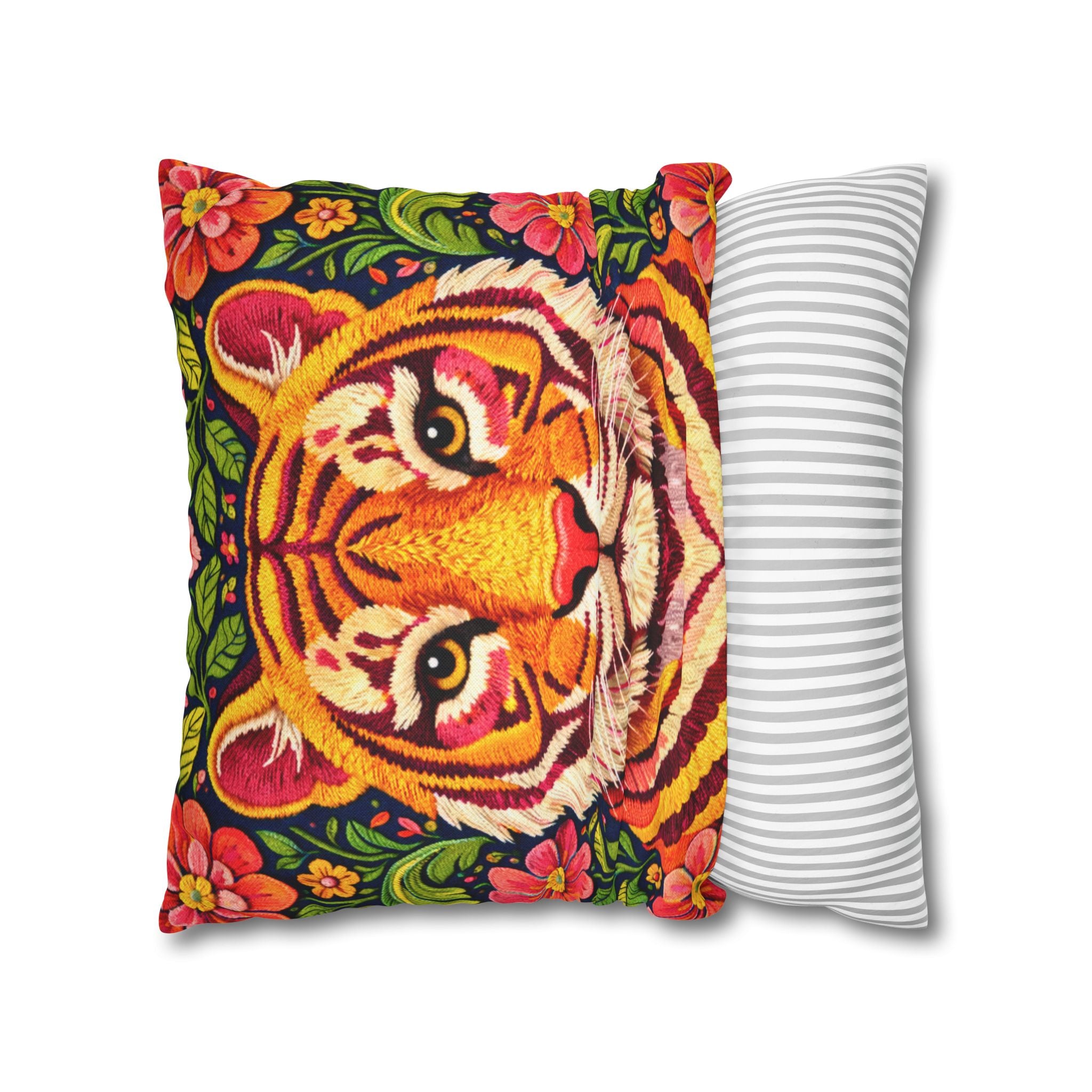 Embroidered Tiger Portrait Pillow Cover – Folk Orange Red Portrait
