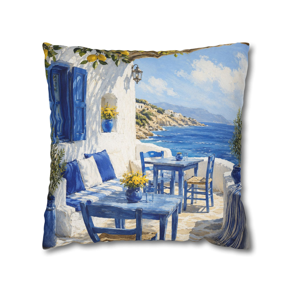 Greek Island Patio Pillow Cover | Blue White Sea View Art | Mediterranean Decor