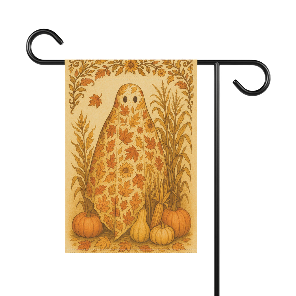 Studio back of autumn ghost Halloween garden flag with pumpkins and harvest leaves