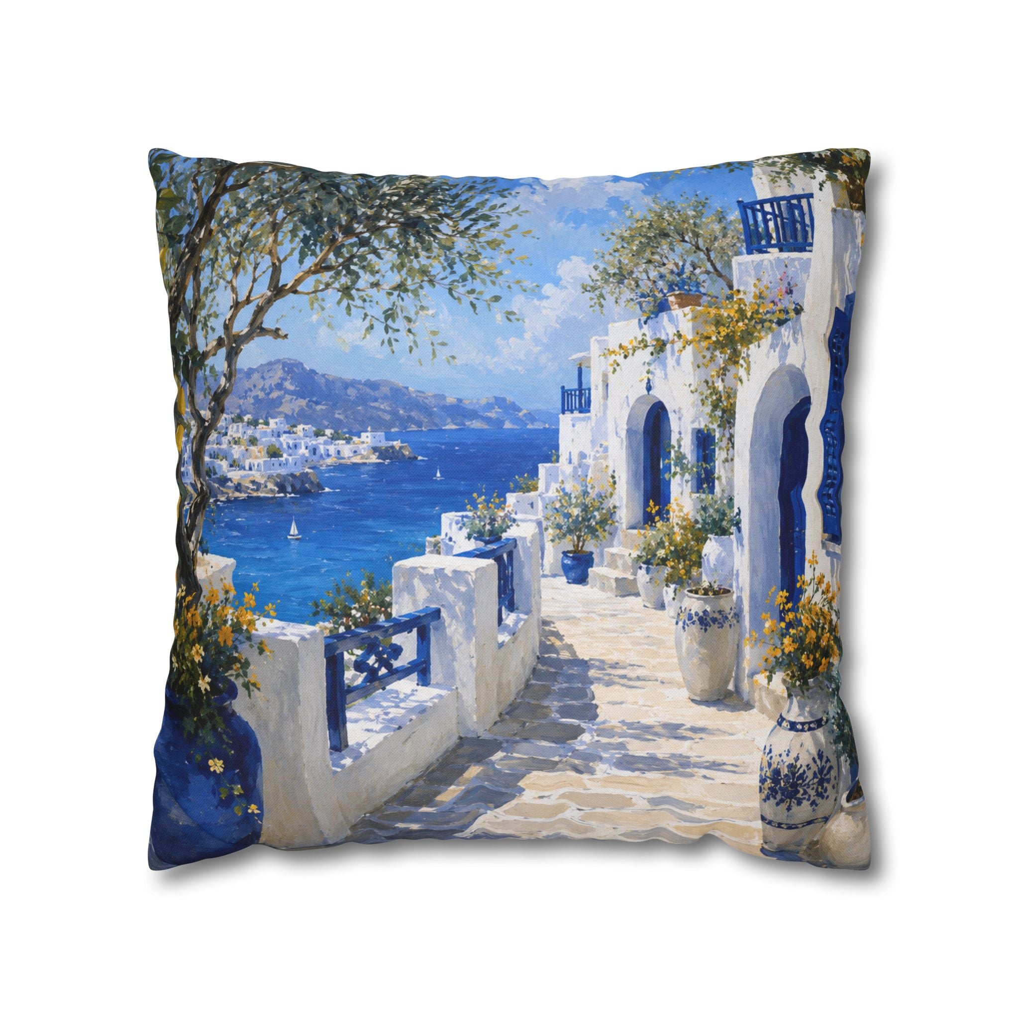 Greek Island Street Pillow Cover | Blue White Sea View Art | Mediterranean Decor