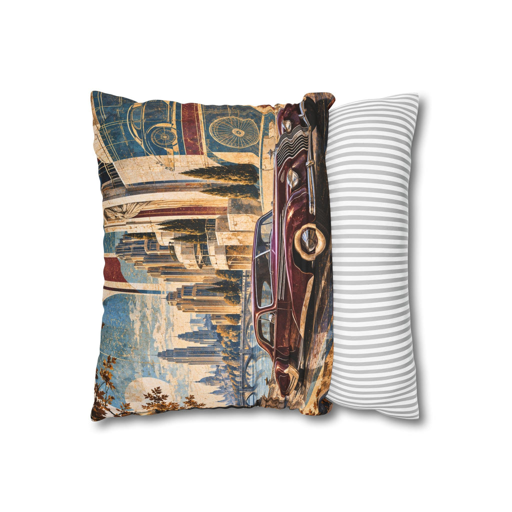 Classic Car Pillow Cover | Waterfront Cityscape | Art Deco Decor